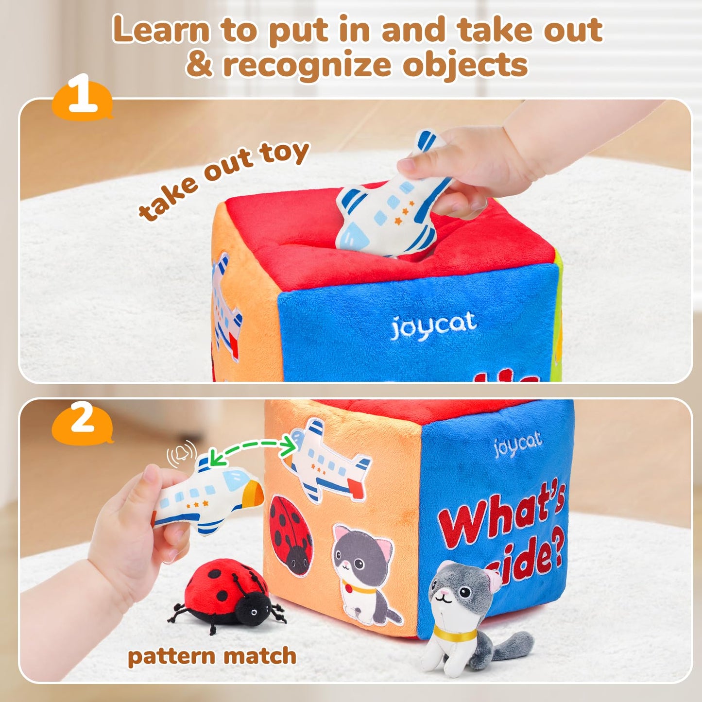 JoyCat Mystery Soft Box+Soft Baby Beehive with 5 Soft Sensory Bees - Honeybee Plush Toy for 0-12 Months - Rattle, Crinkle Paper, Squeaker, Mirror, Busy Toy for Babies 6-12 Months, 0-3 Years Old