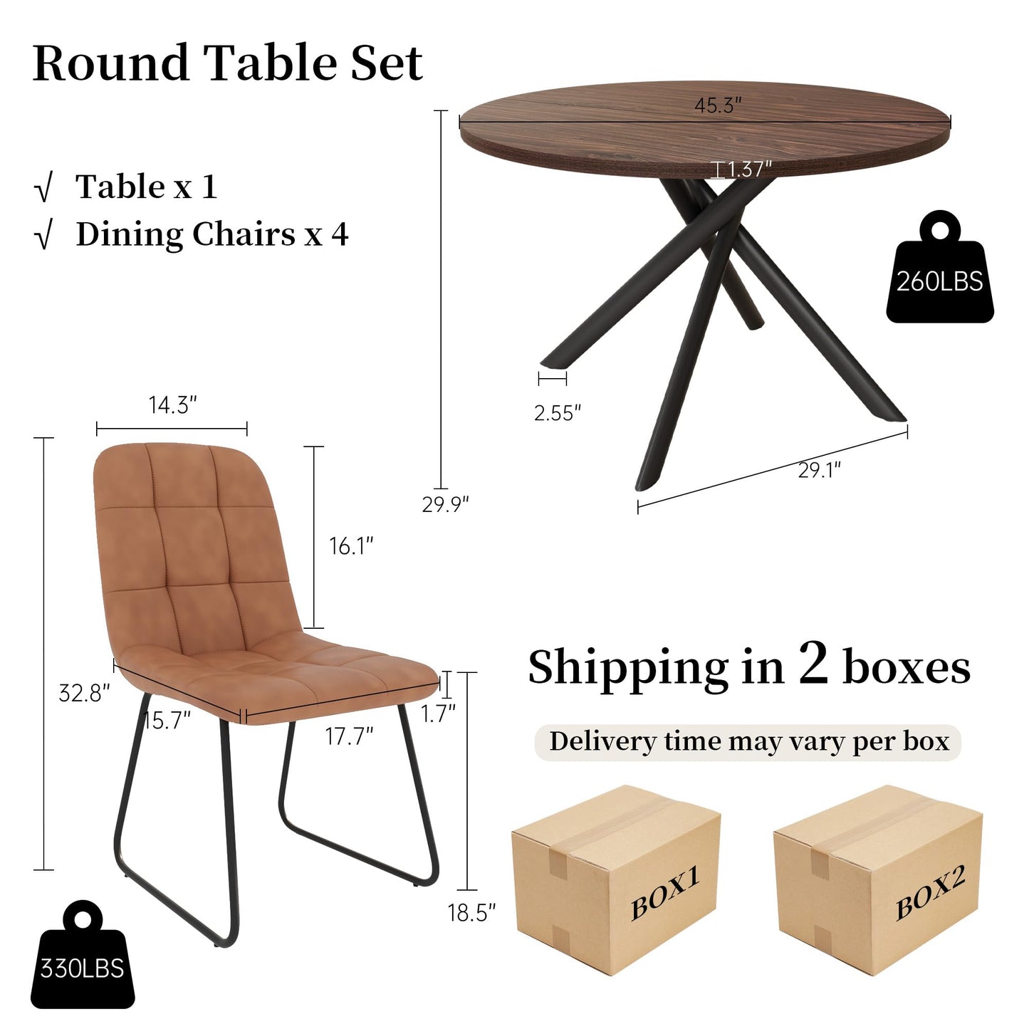 HIPIHOM 45.3 Inch Round Dining Table Set for 4, Mid Century Modern Small Coffee Set for Dining Room Kitchen Apartment (Dark Walnut Table + 4 U-Shaped Brown Chairs)