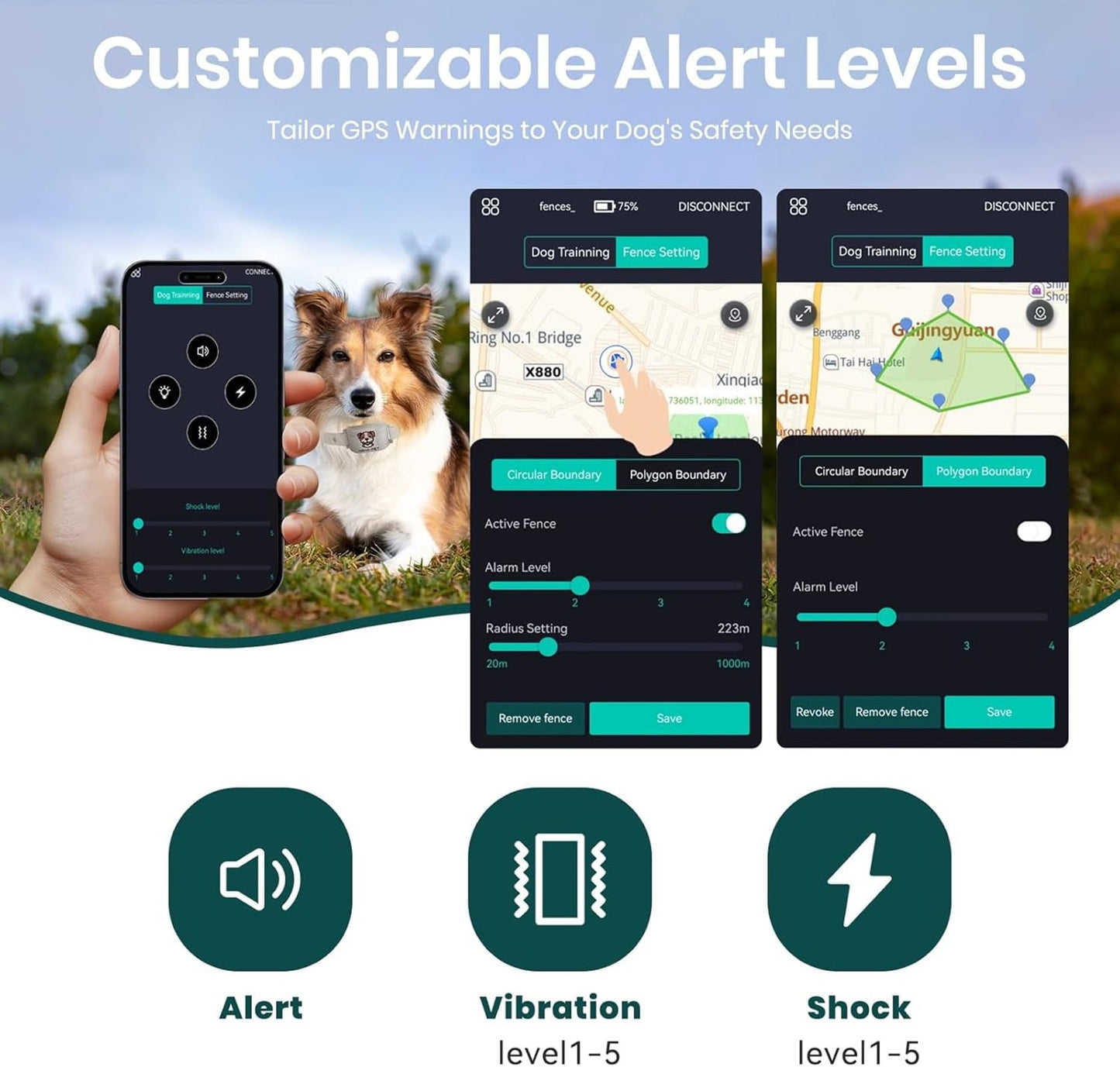 WEUYUY GPS Wireless Dog Fence & Training Collar – No Subscription, App Geo-Fence 3280ft, 60-164ft Bluetooth Training, 3 Correction Modes, Auto Sleep/Wake, Long Battery Life