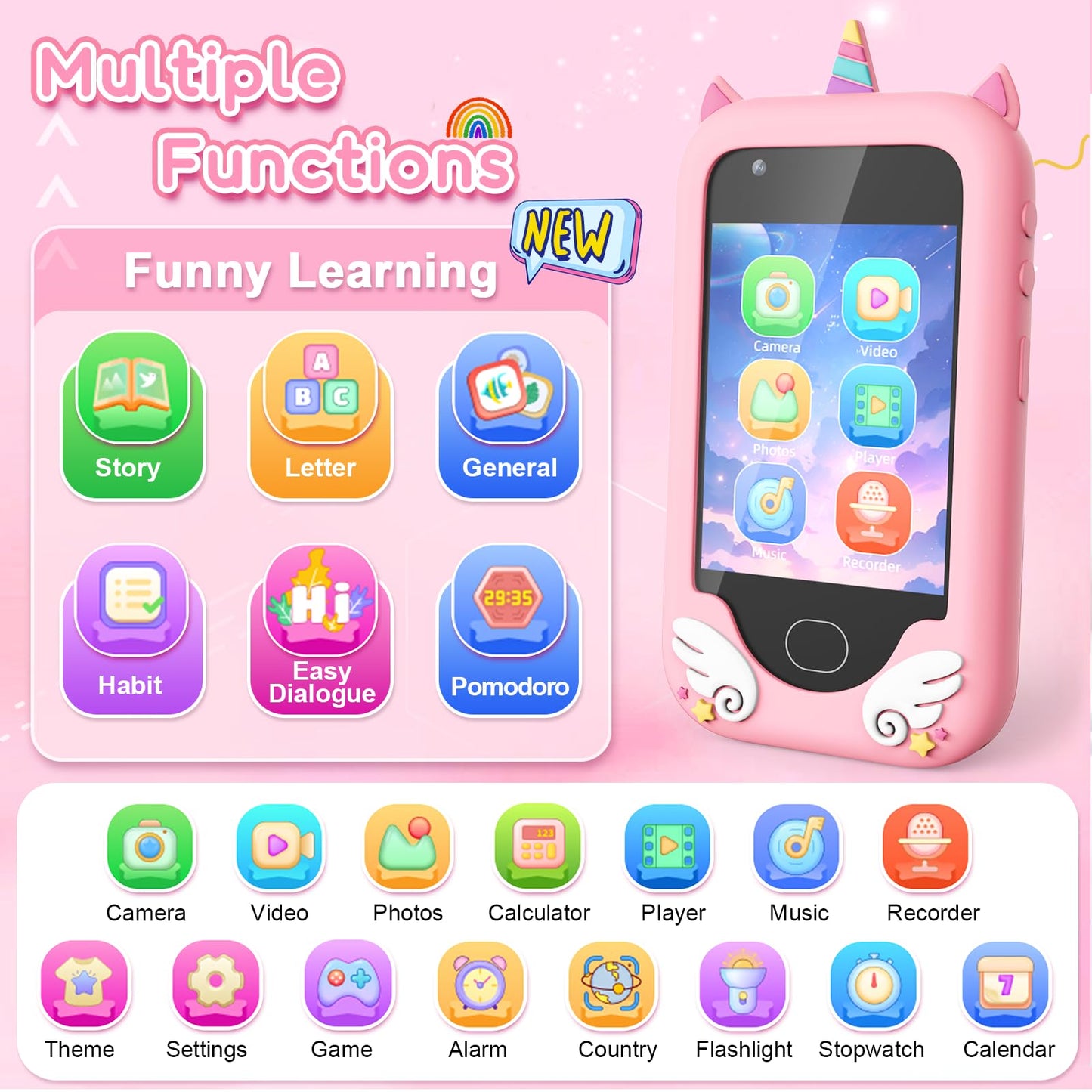 Gocina Kids Phone for Girls Age 3-10 - Toddler Smart Phone Toys with Touchscreen, Dual Cameras, Learning, Perfect Christmas Birthday Gift with 32G SD Card