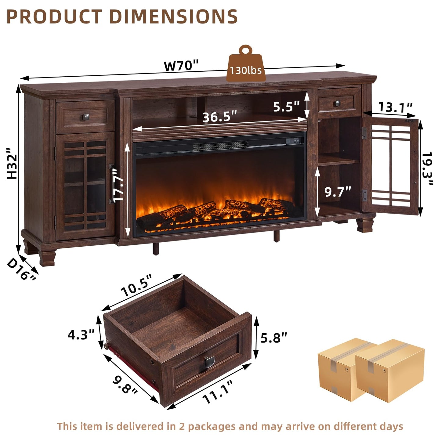 SAVOR LIFE 70" Fireplace TV Stand with 36”Silent Electric Fireplace, Farmhouse Entertainment Center for TVs up to 80", 2 Drawers TV Console with Glass Door Cabinet, Walnut TVs Cabinet for Living Room