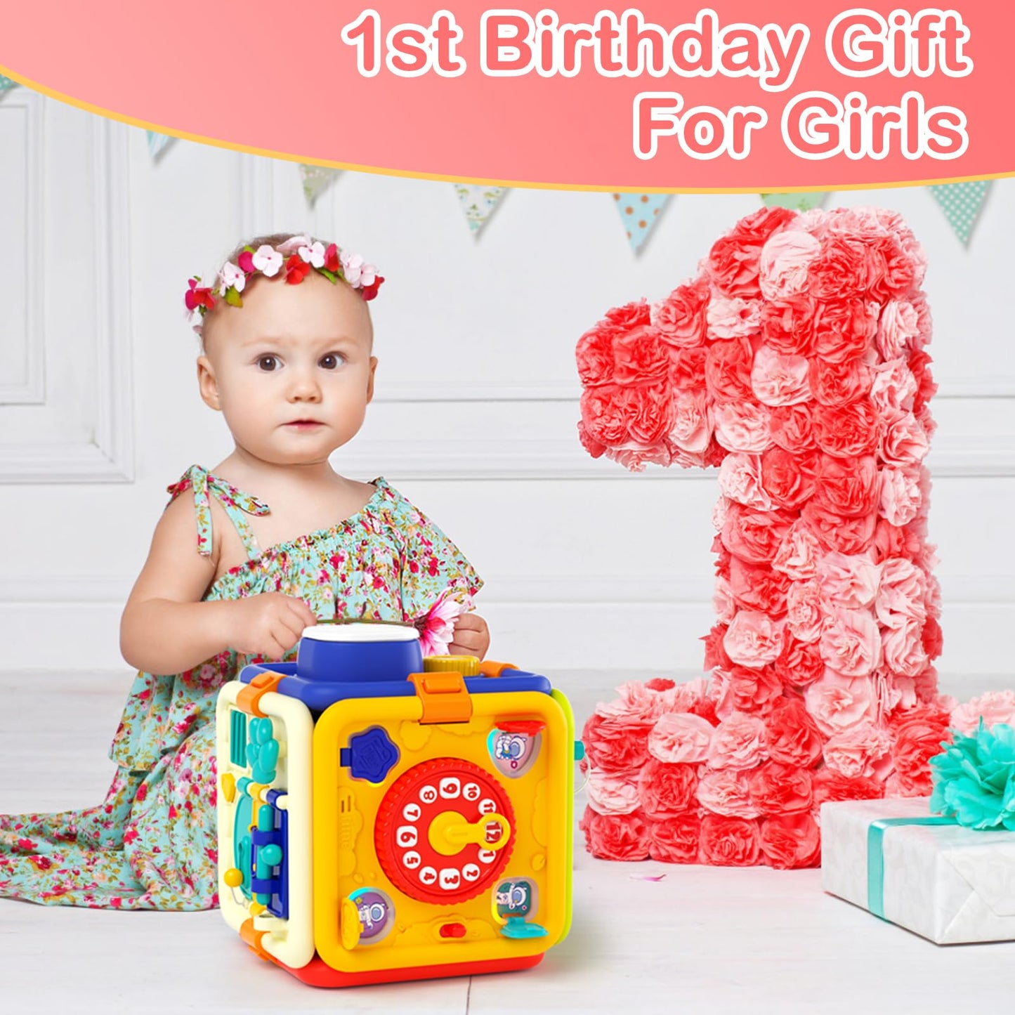 Covsen Montessori Toy for 1+ Year Old Girl Gift – 6-in-1 Busy Board for Toddlers 1 2 3 4 Year Old – Educational Sensory Early Development Toys– First 1st Birthday Gifts for Kids
