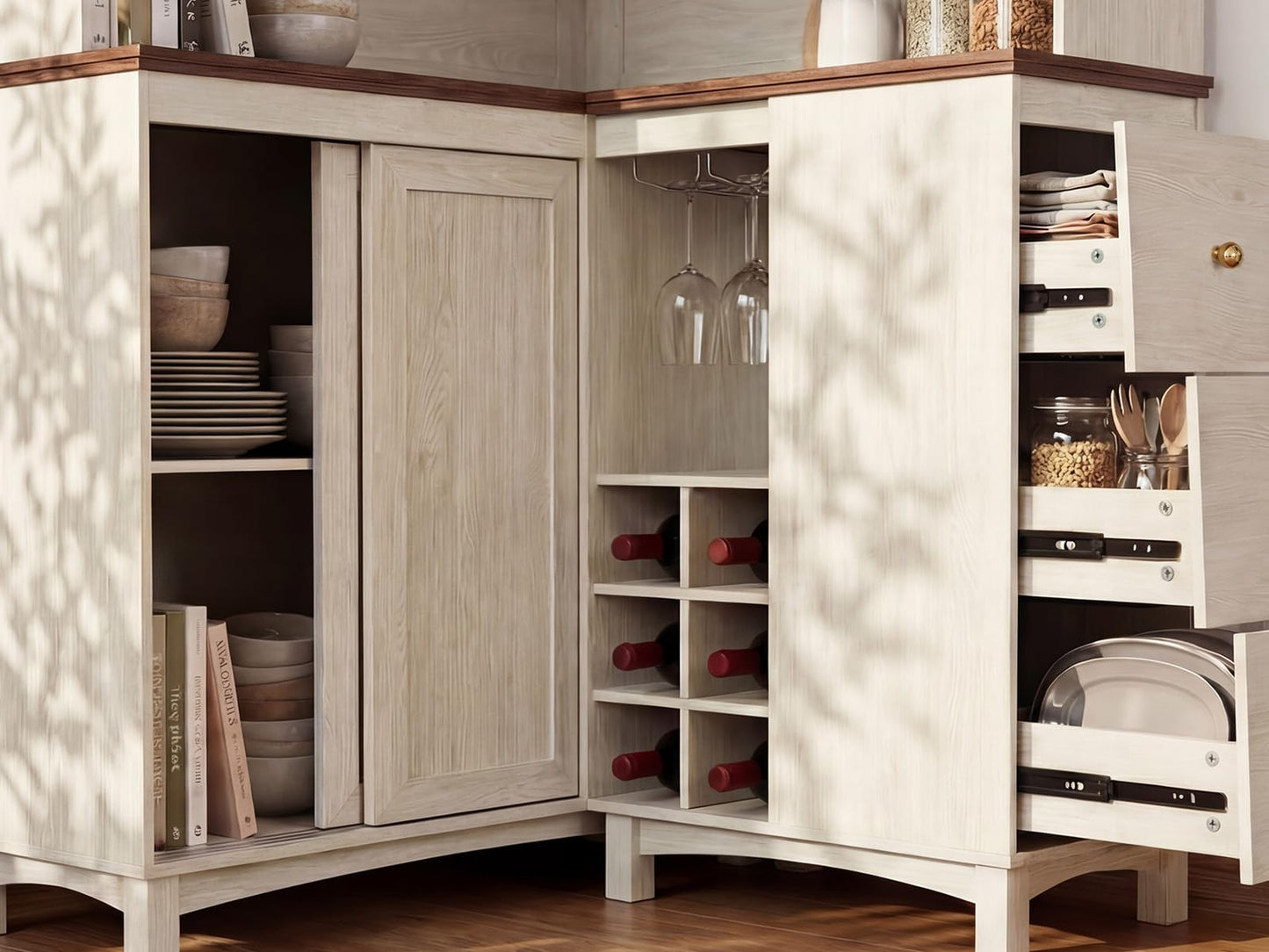 STO’Sense 71" Tall Corner Cabinet w/Charging Station,L-Shaped Kitchen Pantry Storage Cabinet w/3 Drawers,Countertop,Wine Rack,Shelves,Glass Holder&Sliding Door, Large Microwave Stand Hutch, Antique