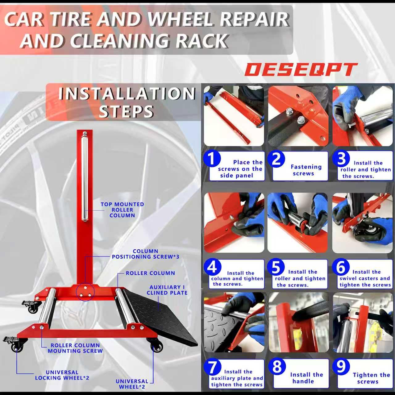 DESEQPT Upgraded Rolling Wheel Detailing Stand – Heavy-Duty Tire Cleaning and Polishing Roller with Wheels Handle Ramp and 3-Way Rotating Rollers for Ceramic Coating, Tire Shine, Car Wheel Wash