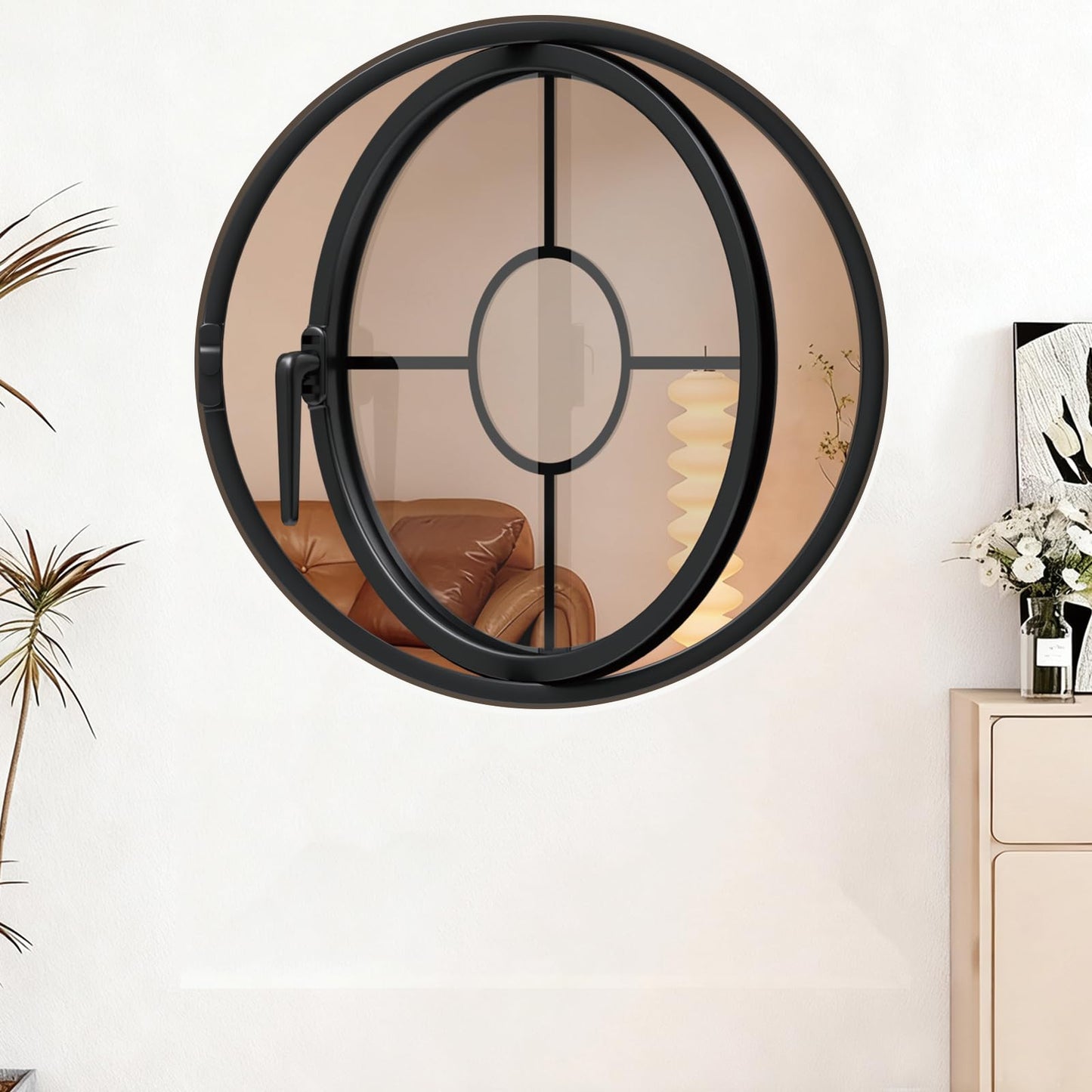 Clear Rotating Round Window, 23.6'' Porthole Window with Transparent Tempered Glass, Iron Frame Center-Pivot Window with Handle, Decor Ventilation Window for Indoor Outdoor Kitchen Office(Black)