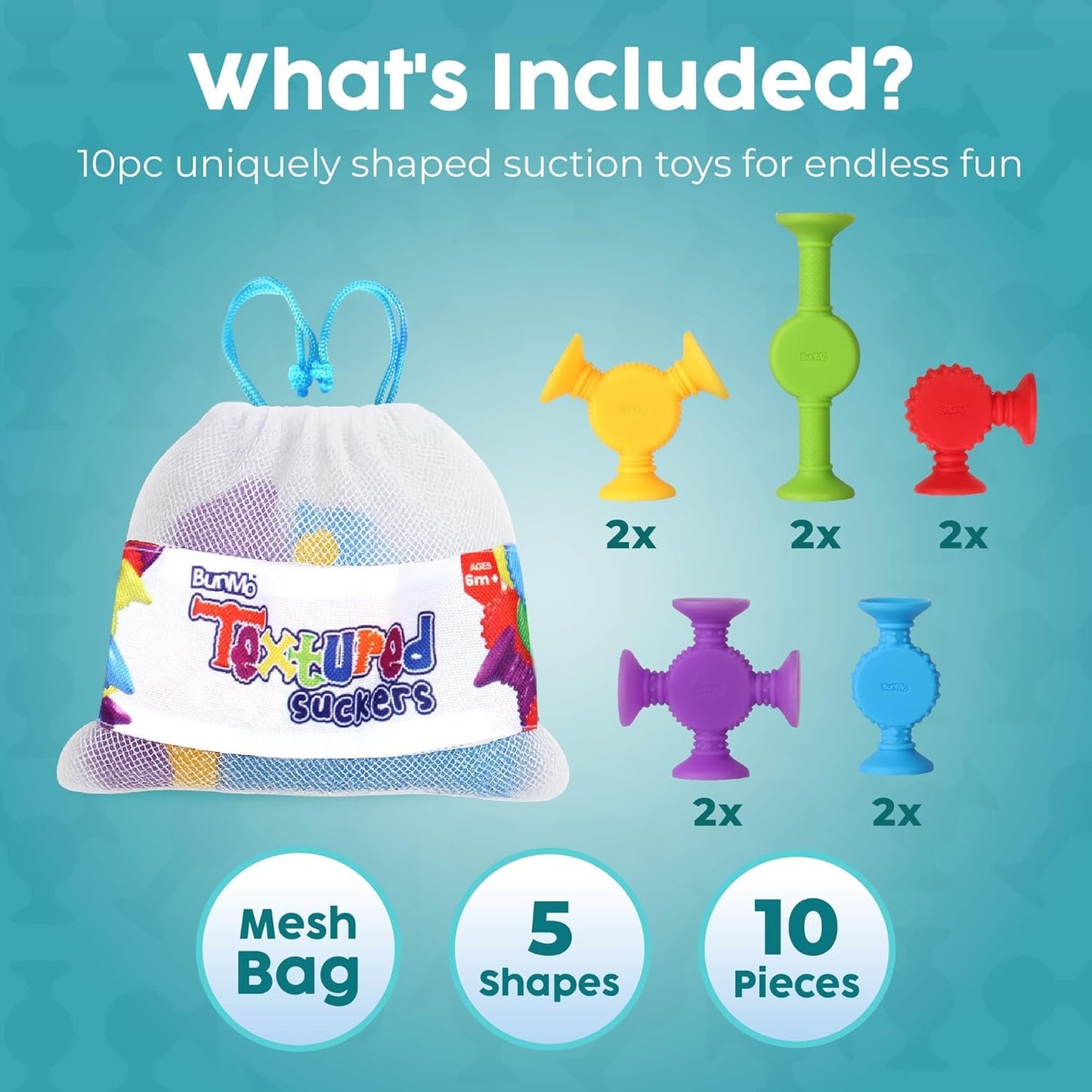BUNMO Bath Toys Suction - Connect, Build, Create - Toddler Bath Toys - Hours of Fun & Creativity - Fine Motor Skills - Stimulating Sensory Toys - Non-Mouthable Toy - Textured 10 Pack