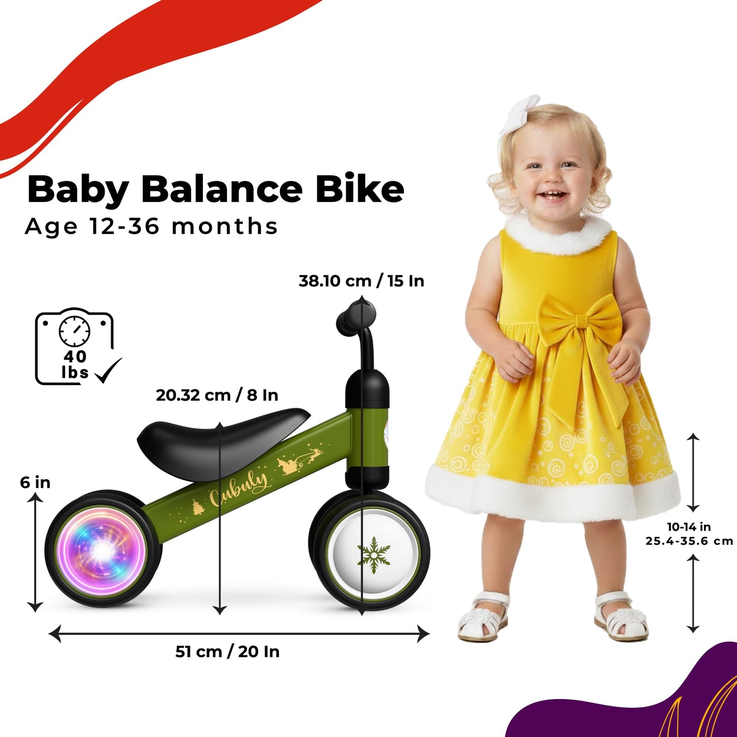 Cubuly Green Baby Balance Bike for 1-3 Year – First Birthday Boy Girl Gifts 12-36 Month Mini Bike|Colorful Lighting Wheels|Ride on Toys |Toddler Balance Bike 1-3 Indoor/Outdoor