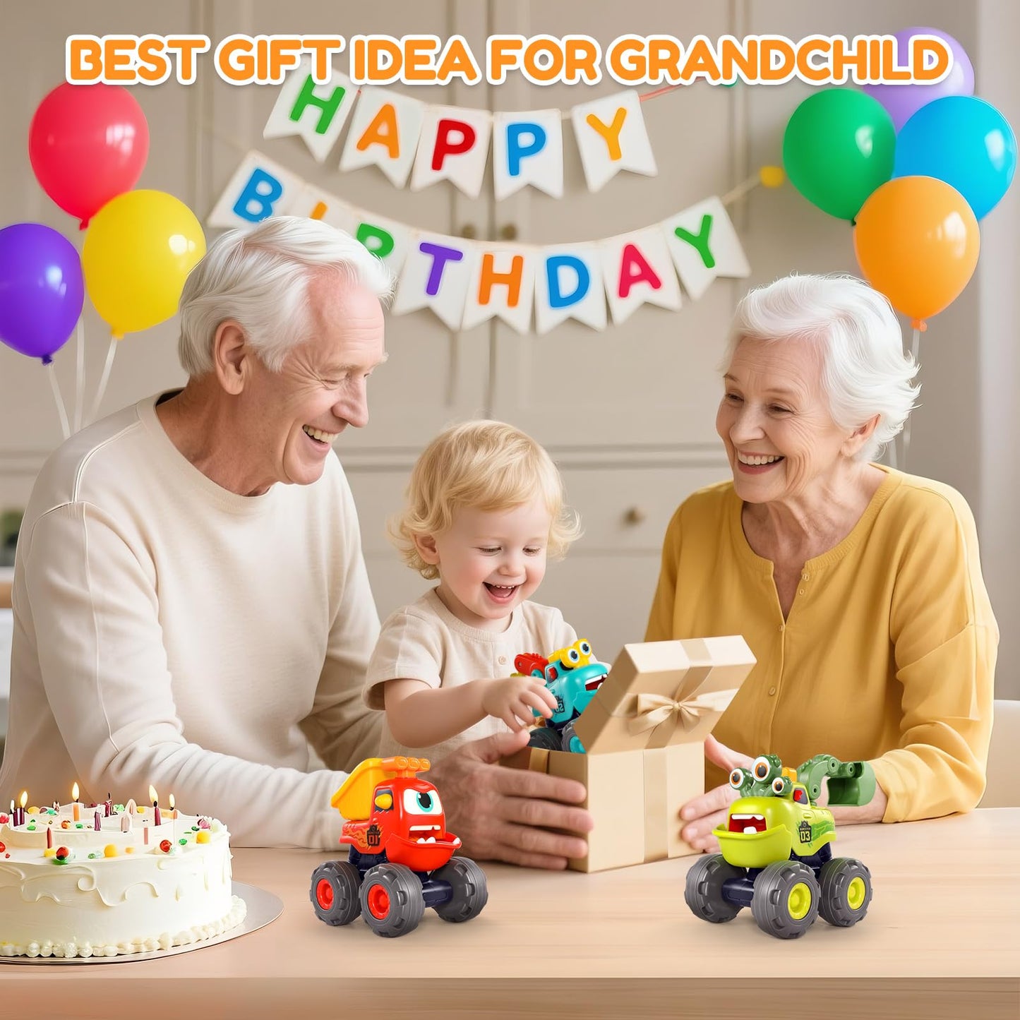 Toys for 1 Year Old Boy, Monster Truck Toys Construction Cars for Toddler 1-3 Crane Truck Dump Excavator Pull Back Car Toddler Toys for Baby 12-18 Months 1 Year Old Boy Gifts for Birthday Xmas