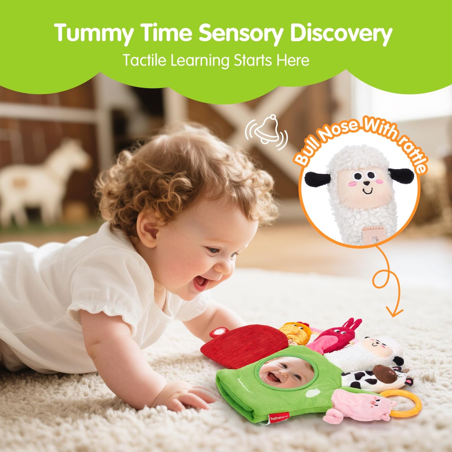 hahaland Baby Sensory Toys 6-12 Months – Montessori Farm Animal Hand Puppets with Rattle, Crinkle, Teether, Mirror – Multi-Sensory Infant Toys for Boys and Girls, Ideal Birthday Christmas Gift