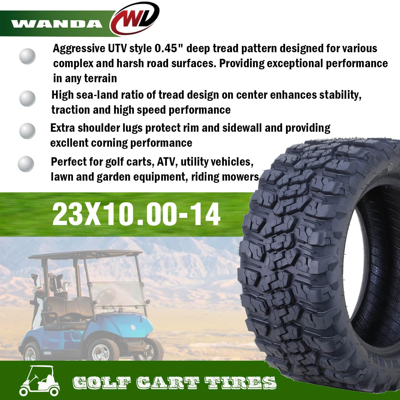 WANDA 23x10-14 All Terrain Golf Cart Tires 4 Ply 23x10X14 -Set 4-14058