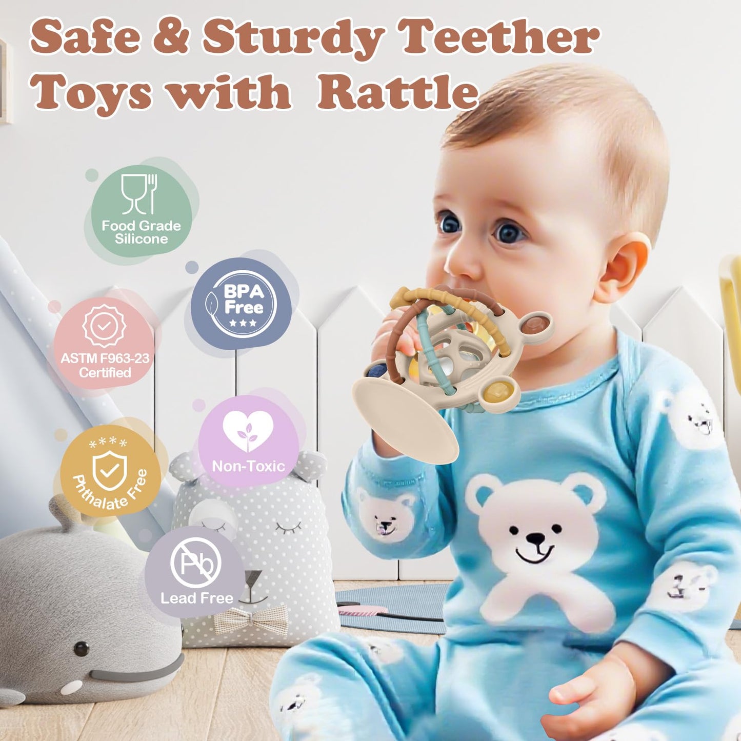 TYRY.HU Silicone Baby Teething Toys for Babies 0-6 6-12 Months, Multi Purpose High Chair Toys with Suction Cup, Baby Suction Table Toys, Montessori Sensory Toys with Rattle for Teething Relief, Khaki