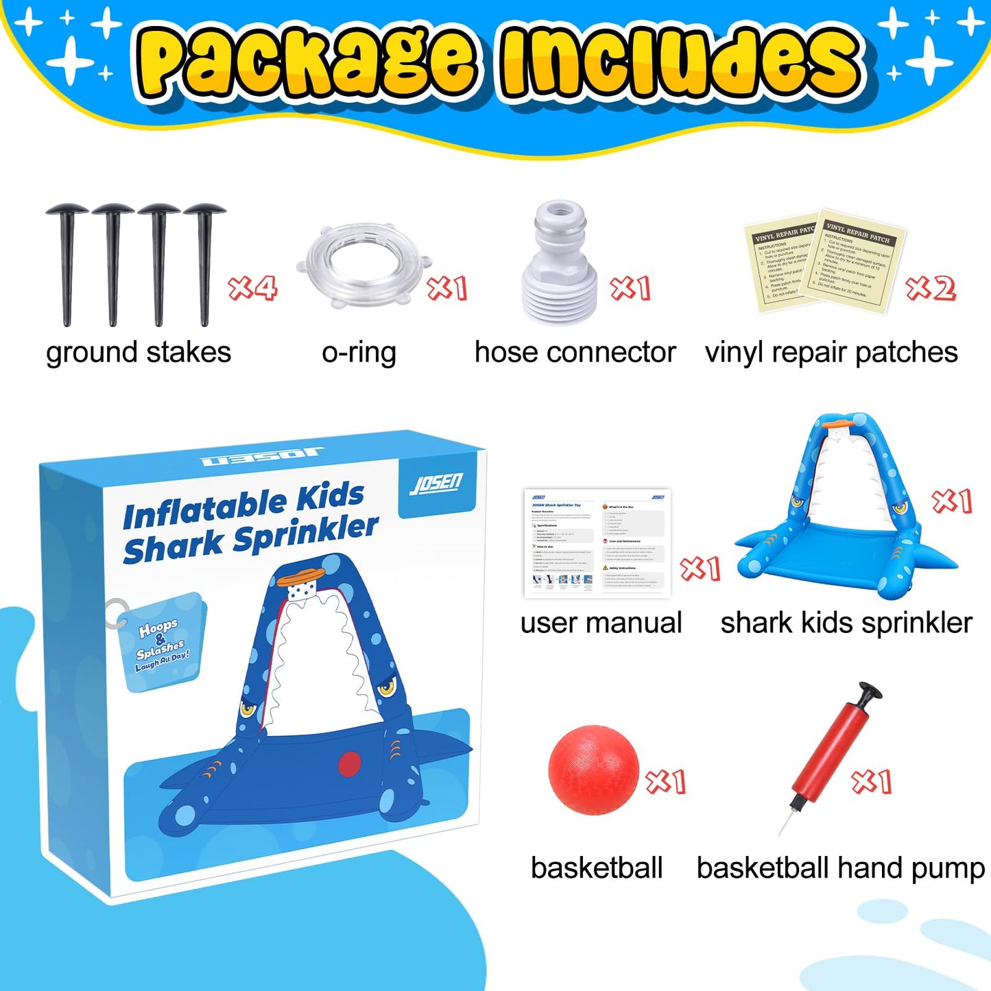 JOSEN Sprinkler for Kids Outdoor Play, Giant Inflatable Shark Water Toys Splash Pad with Basketball Hoop, Fun Sprinkler Summer Outdoor Game for 3-8 Years Old Children Boys Girls Gift