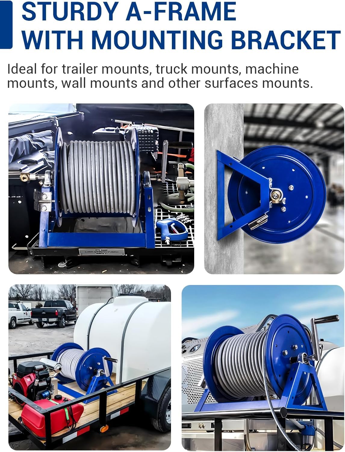 MEKOH Pressure Washer Hose Reel 3/8"x350ft, 5000PSI Hand Crank Power Washer Hose Reel for 1/4"x455ft, Heavy Duty Steel Hose Reel with Trailer/Wall/Van Mount, A-Frame Manual Reel for Water,M22 Fitting