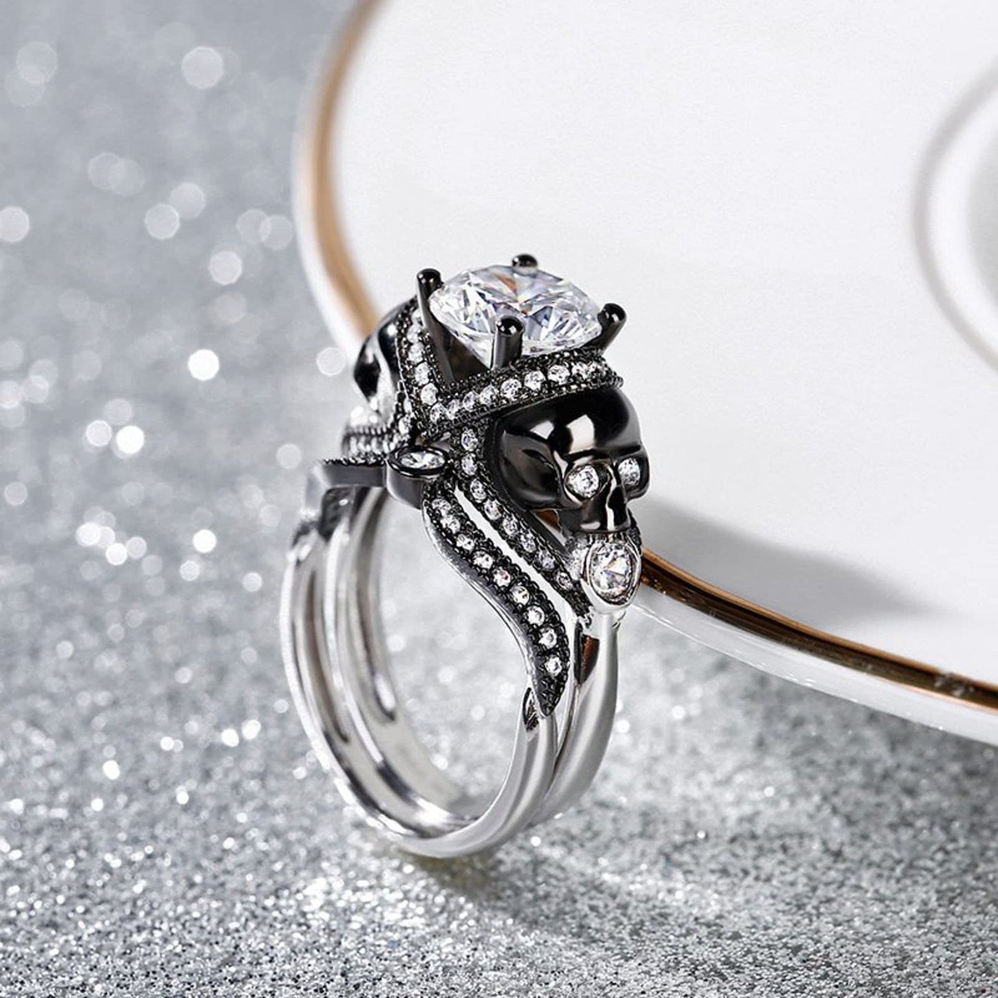 Jeulia 4.97 Carat Twist Skull Rings for Women Two Tone Round Cut Sterling Silver Two Tone Twist Band Rings White Diamond Bridal Ring Set Black Plated Engagement Promise Rings with Jewelry Gift Box,