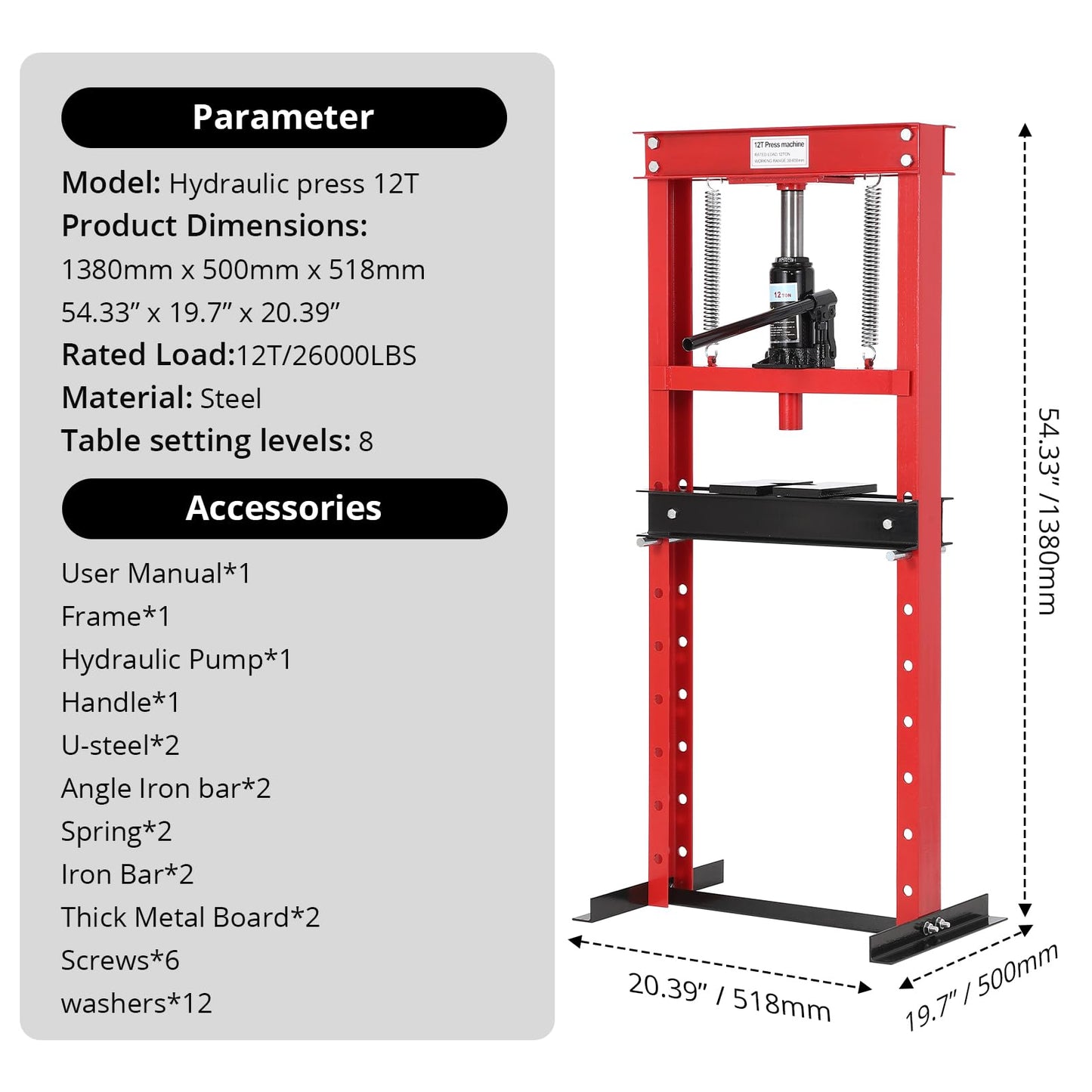 12 Ton Hydraulic Press, H-Frame Garage Floor Shop Press with Press Plates, Heavy-Duty Adjustable Hydraulic Shop Press, for Auto Bending Stamping, Red
