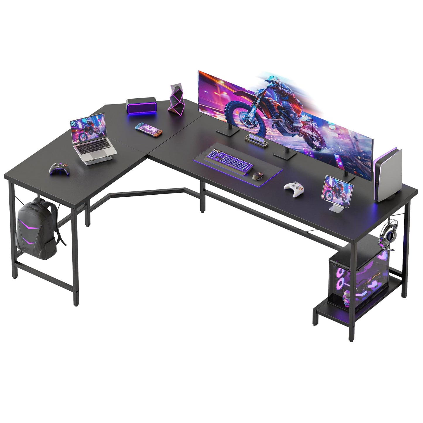 Mericonia 66 inch Large Corner Gaming Desk, Simple L Shaped Desk with CPU Stand & Hooks, Computer Desk for Home, Bedroom & Office Workspace, Black