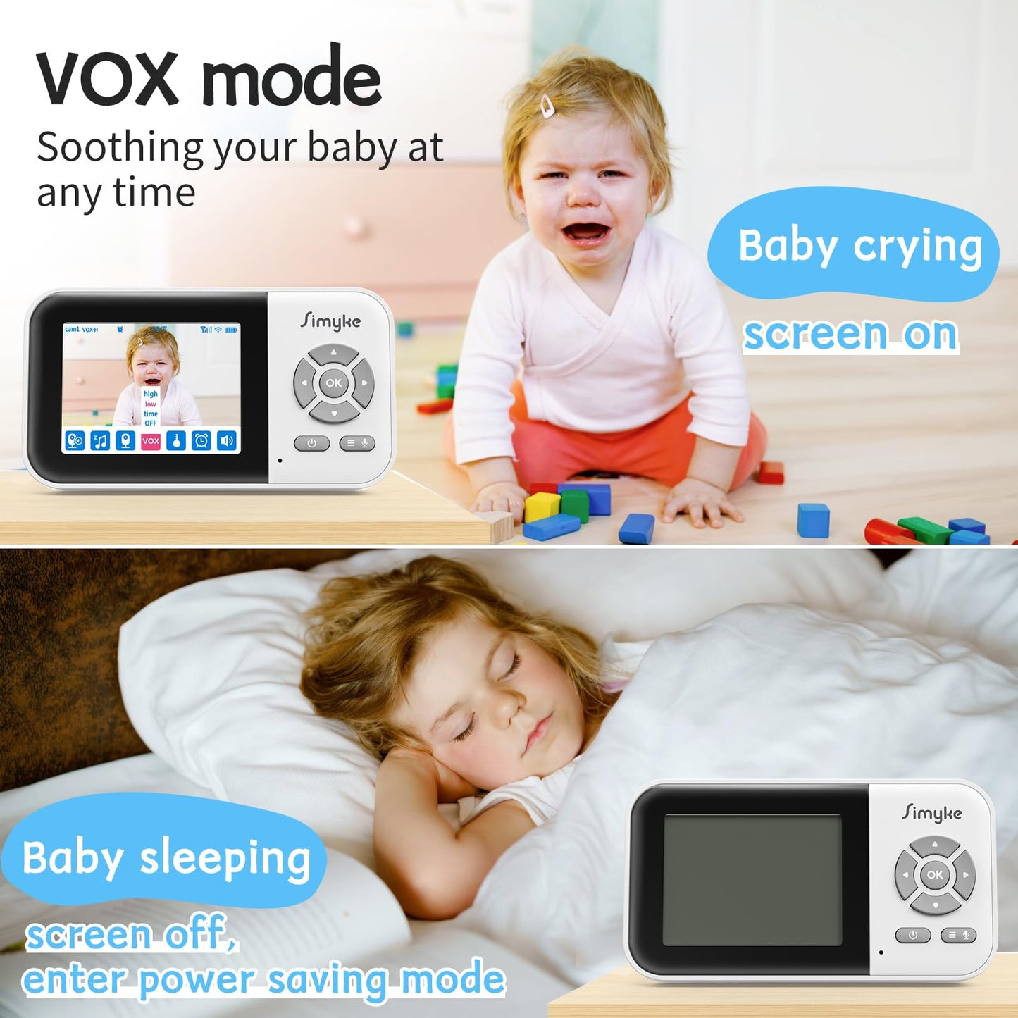 Simyke Video Baby Monitor with Camera No WiFi 1200ft Long Range, 2.8" Plug & Play Diaplay, Auto Night Vision, 5 Lullabies Portable Baby Sound Monitor, Baby Room Use, for Baby/Elderly