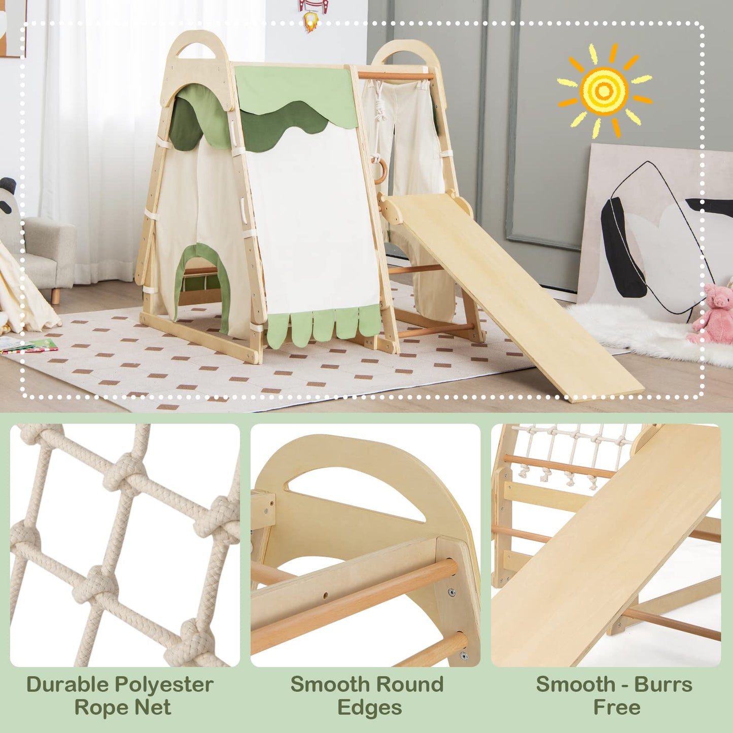 INFANS 7 in 1 Kids Indoor Playground, Wooden Montessori Climber Playset with Tent Slide Climbing Rock Climbing Net, Playground Jungle Gym Structure Climbing Toys for Toddlers Boys Girls