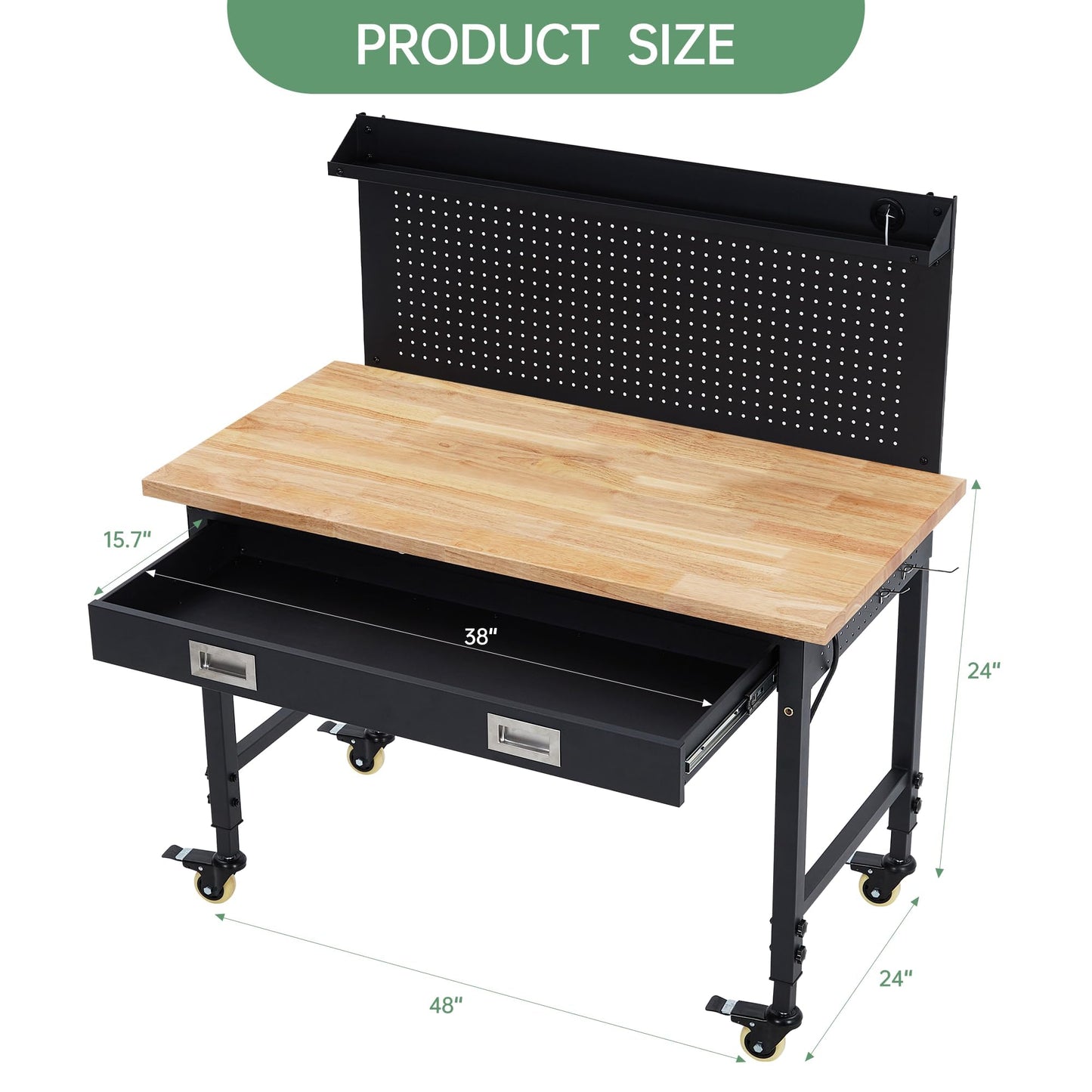 48'' Adjustable Workbench on Wheels, 2000LBS Heavy Duty Worktable with Power Outlets & Drawers & Pegboard, Rubberwood Workstation for Workshop, Garage, Office, Home