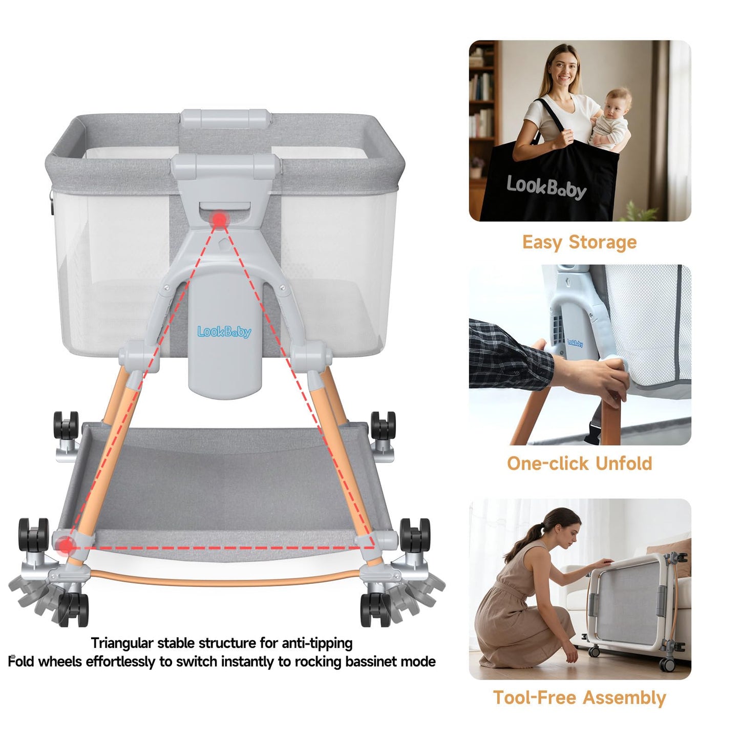 LookBaby Baby Bassinet, 4-in-1 Rocking Bassinet Beside Crib for Baby, One-Click Foldable Bedside Sleeper for Newborn, Travel Bassinet with 5 Heights, Soft Mattress and Hanging Toys for Infant