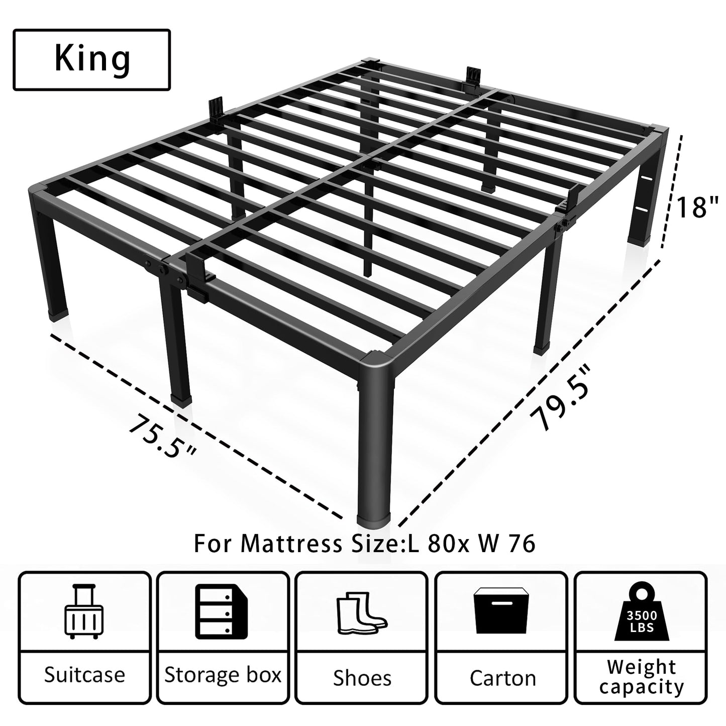 ROIL 18 Inch King Bed Frame with Rounded Corner and Headboard Hole Mattress Retainers 3500LBS Metal Heavy Duty Steel Slats No Box Spring Needed Platform Noise-Free Easy Assembly