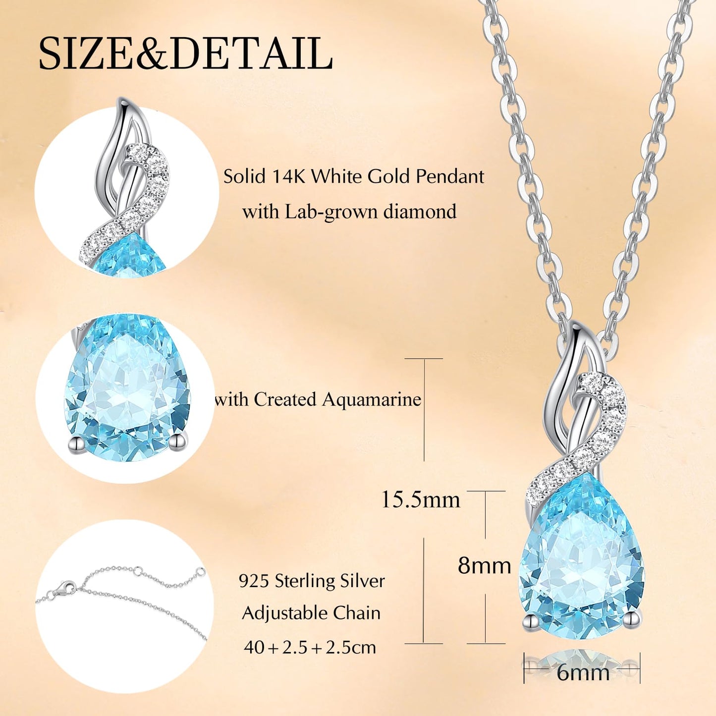FANCIME Aquamarine Necklace March Birthstone Necklace 14K Solid White Gold Teardrop Pendant with Diamond Jewelry Gifts for Mom Women