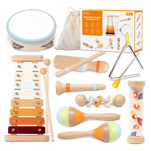 Toddler Musical Instruments Sets, Montessori Wooden Percussion Educational Baby Musical Toys Xylophone Maracas Tambourine for 2 3 4 Year Old, 18 Months Gifts for Baby Boys Girls Kids