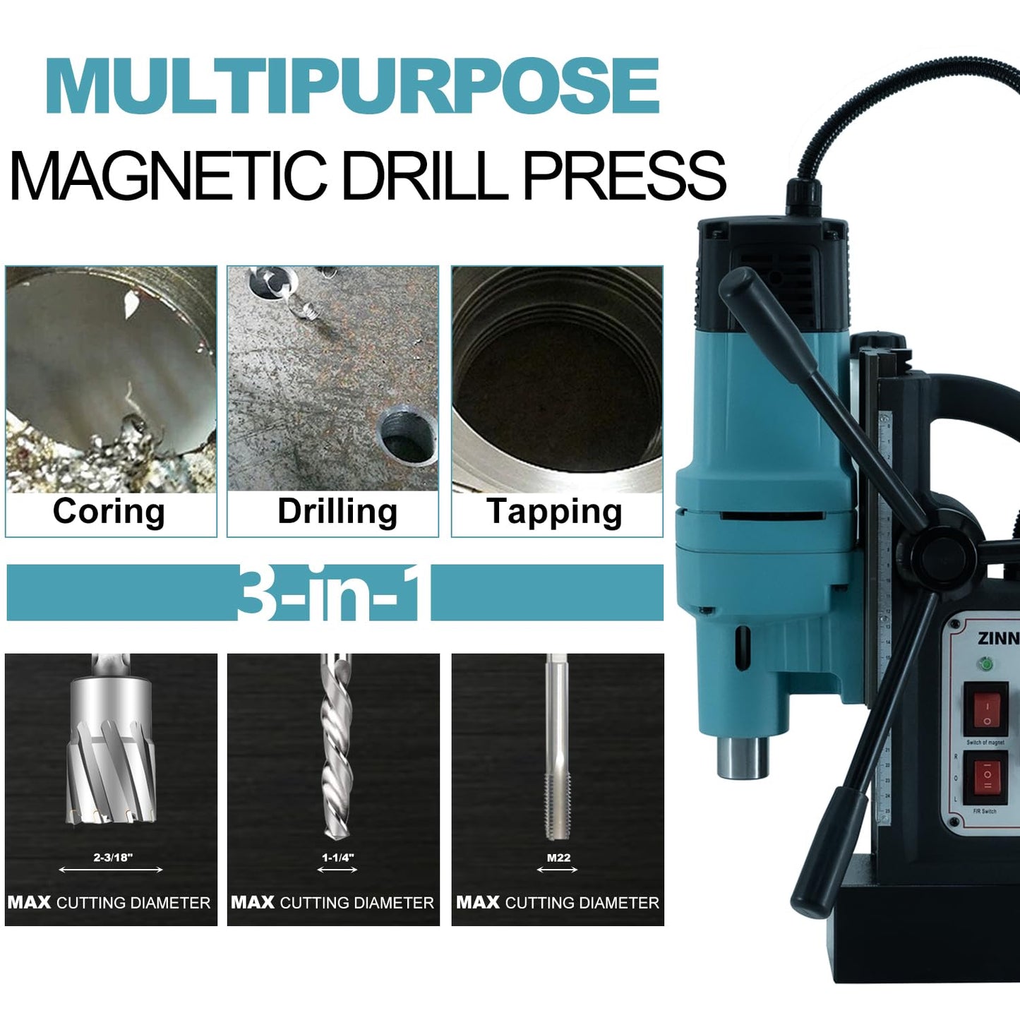 Zinnore Mag Drill Press, 1800W Magnetic Drill, 3370lbf/15000N Mag Force, Portable Electric Mag Drill Press for Metal Surface