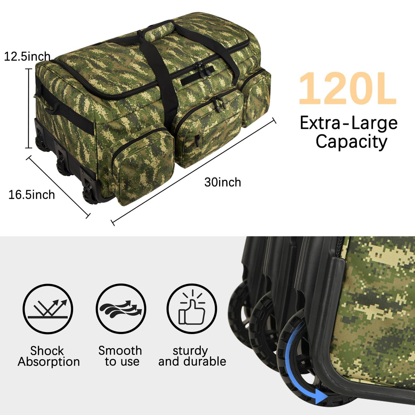 TENFLY Large Rolling Military Deployment Bag, 120L Heavy Duty Tactical Duffel with Wheels, Waterproof Luggage for Travel Camping Outdoor Adventures and Gear Storage