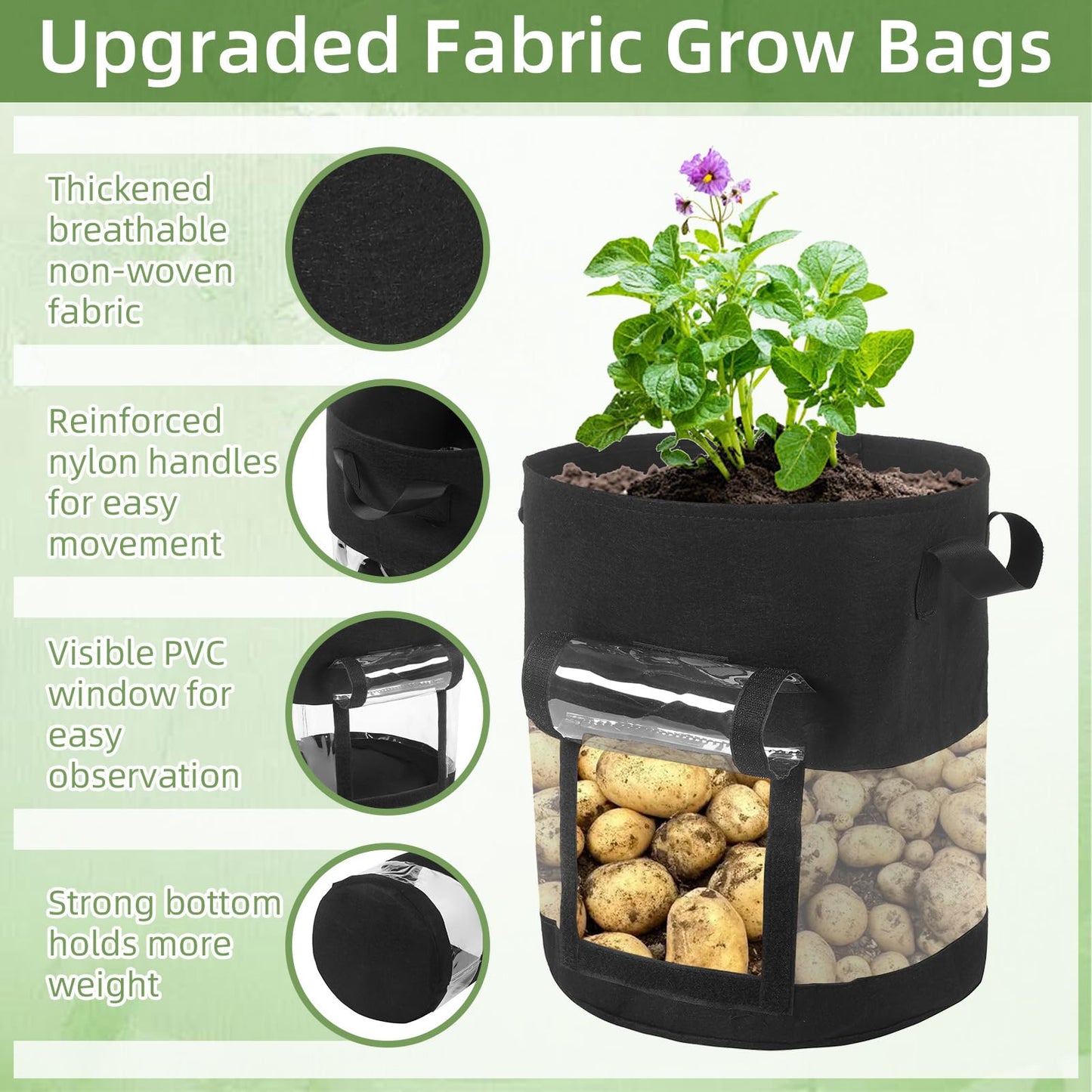 6 Pack 15 Gallon Visible Potato Grow Bags, Thickened Nonwoven Fabric Pots Potato Growing Containers with Handles & Visible Flap, Plant Grow Bags for Growing Potatoes, Tomatoes, Flowers, and Vegetables