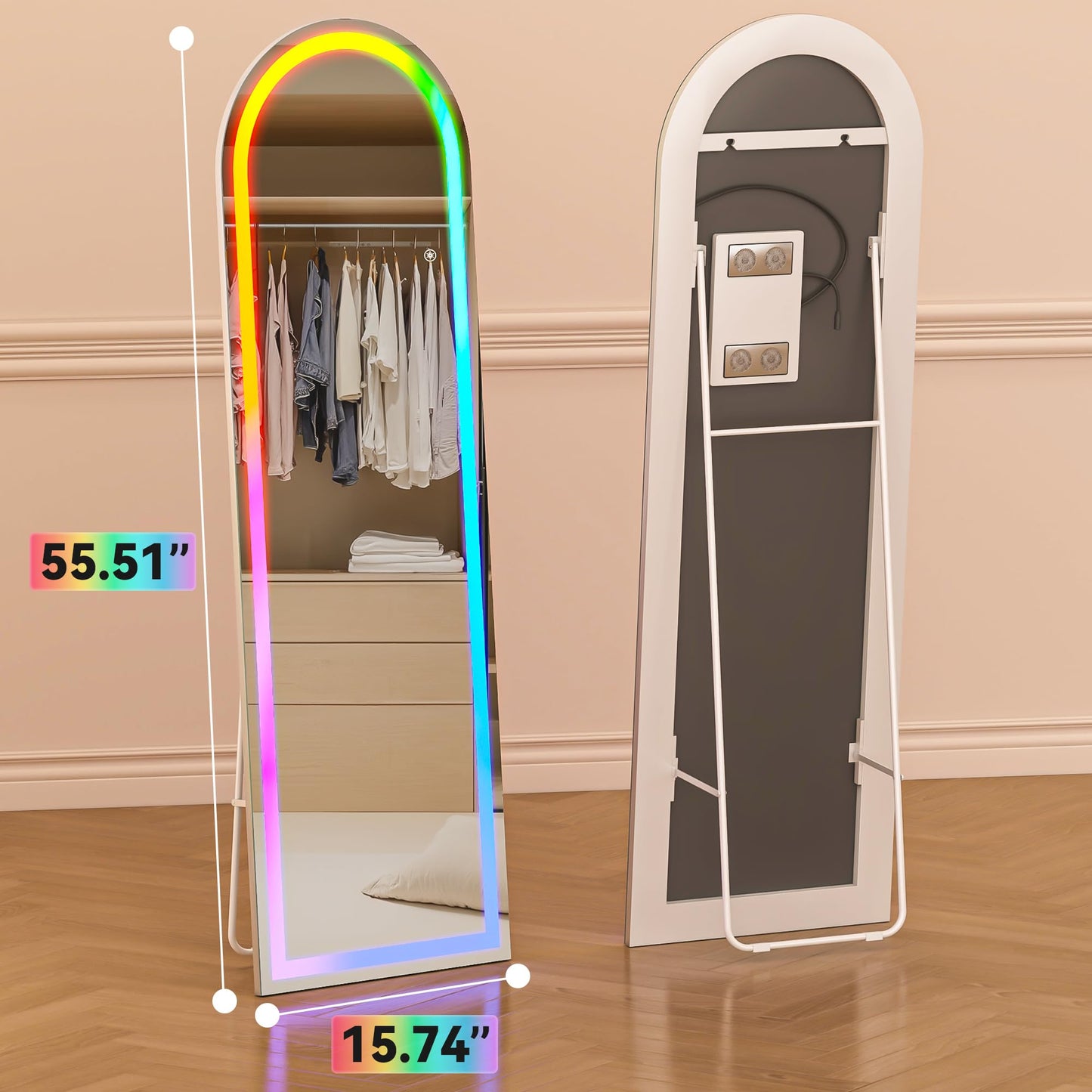 Hasipu 56" x 16" Arch LED RGB Bluetooth Full Length Mirror with Stand ＆ 7 Color Lighting Modes, Full Body Mirror with White Frame for Bedroom, Living Room, Dressing Room