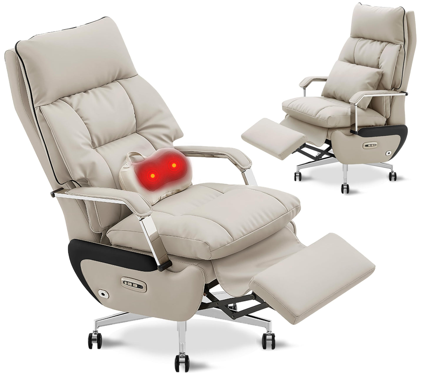 Dual Motor Executive Reclining Office Chair with Footrest – One-Click Electric Recline, Massage Lumbar Support & Pillow, Big and Tall PU Leather Ergonomic Desk Chair for Home Office/Gaming(White)