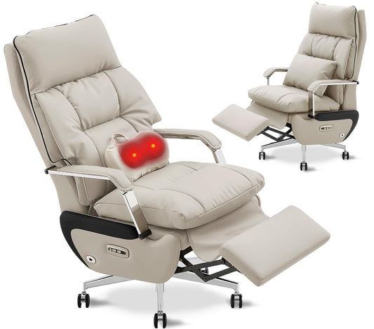 Dual Motor Executive Reclining Office Chair with Footrest – One-Click Electric Recline, Massage Lumbar Support & Pillow, Big and Tall PU Leather Ergonomic Desk Chair for Home Office/Gaming(White)