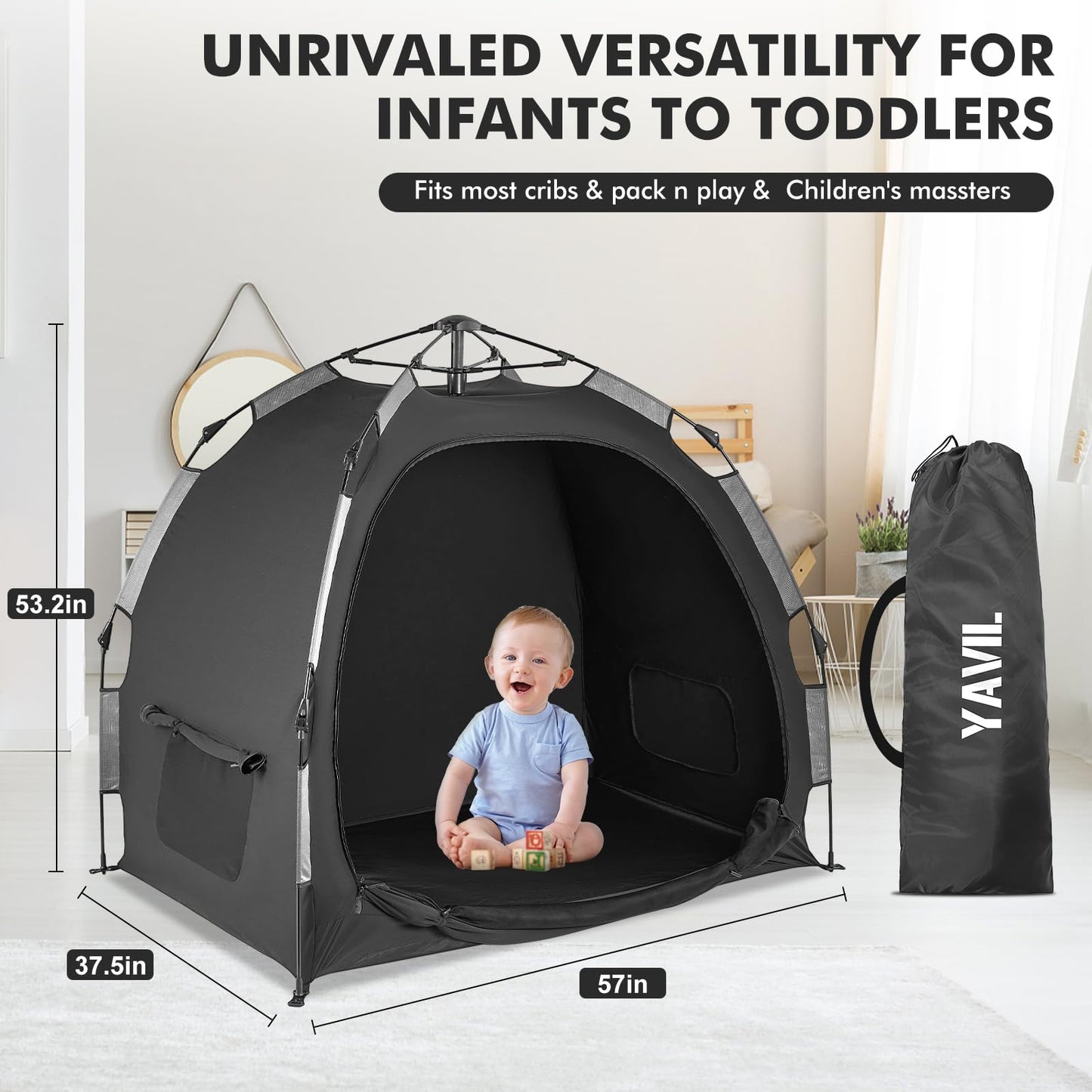 YAVIL Pack N Play Blackout Cover, ONE-Click Folding Baby Sleep Pod Crib Tent,Breathable Baby Travel Crib Canopy Tent,Block Out 95%+ Light,Baby Travel Essential