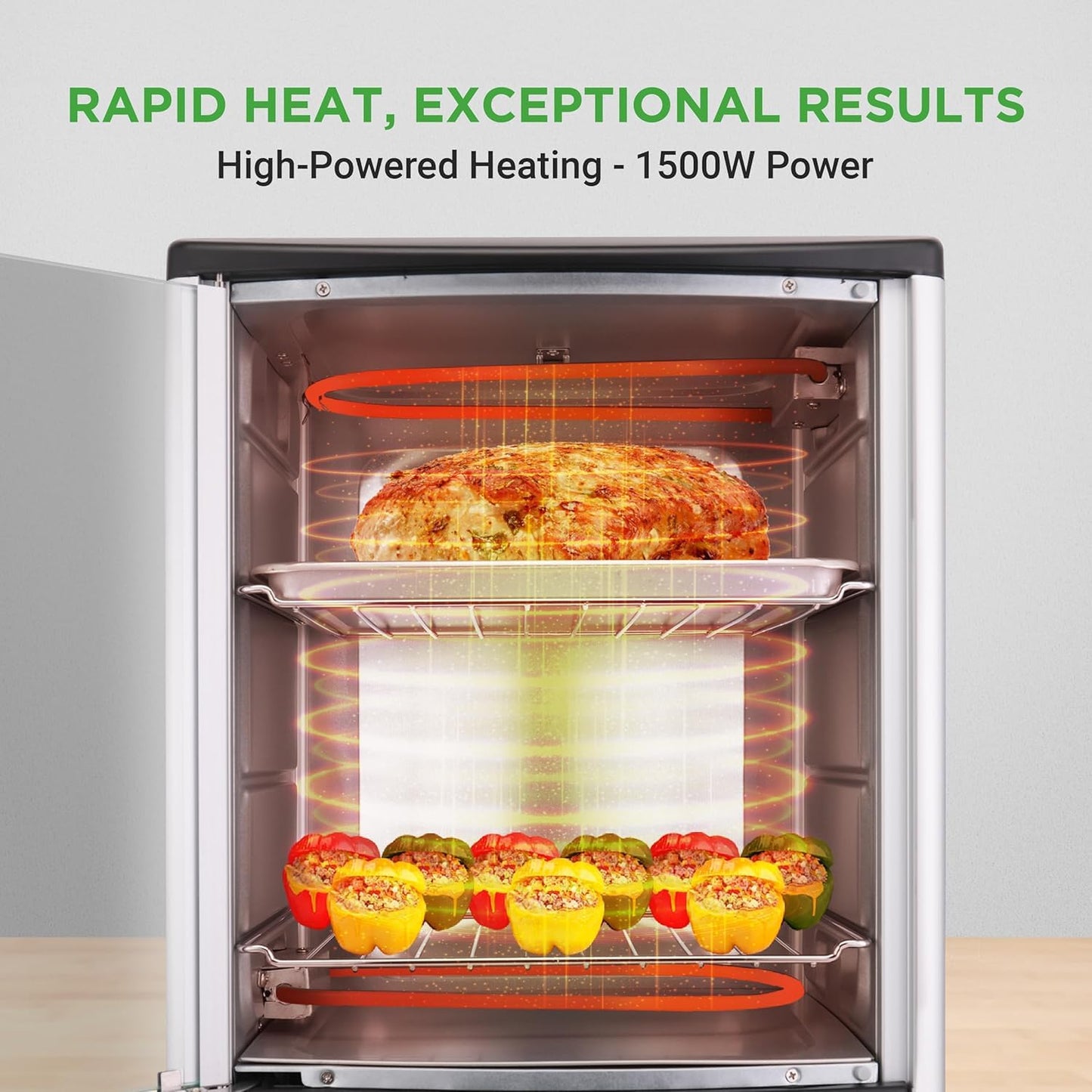 Nutrichef Vertical Countertop Oven with Rotisserie, Bake, Broil, & Kebab Rack Functions - Adjustable Settings - 2 Shelves - 1500W - Thanksgiving Turkey - Includes Grill, Kebab skewer racks & bake pan