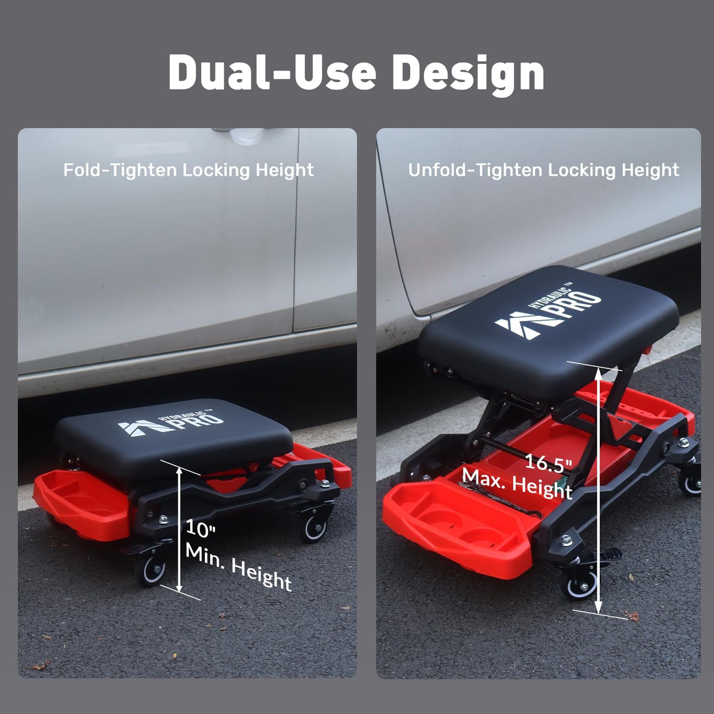HYDRAULIC PRO Automotive Creeper Seat with Rolling Wheels, 300 LBS Capacity Mechanic Stool, Heavy Duty Garage Stool with Soft Padded Cushion and Tool Trays, Foldable Design for Easy Storage