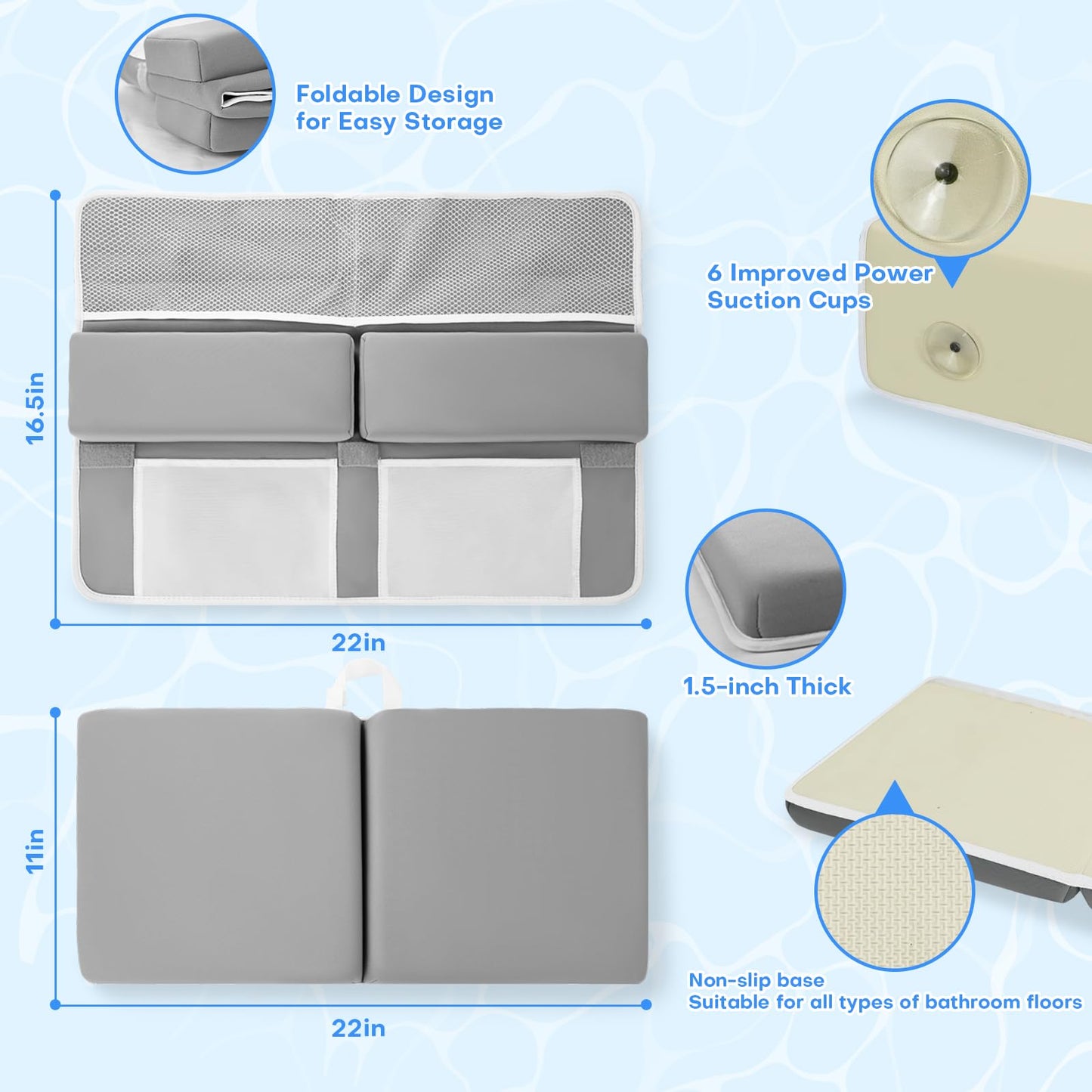 Bath Kneeler and Elbow Rest Pad Set, Comfortable Baby Bath Kneeling Pad for Tub with Toy Organizer Pockets, Non-Slip Knee Pad for Bathing Baby, Quick Dry Bathtub Mat for Toddler & Infant - Grey