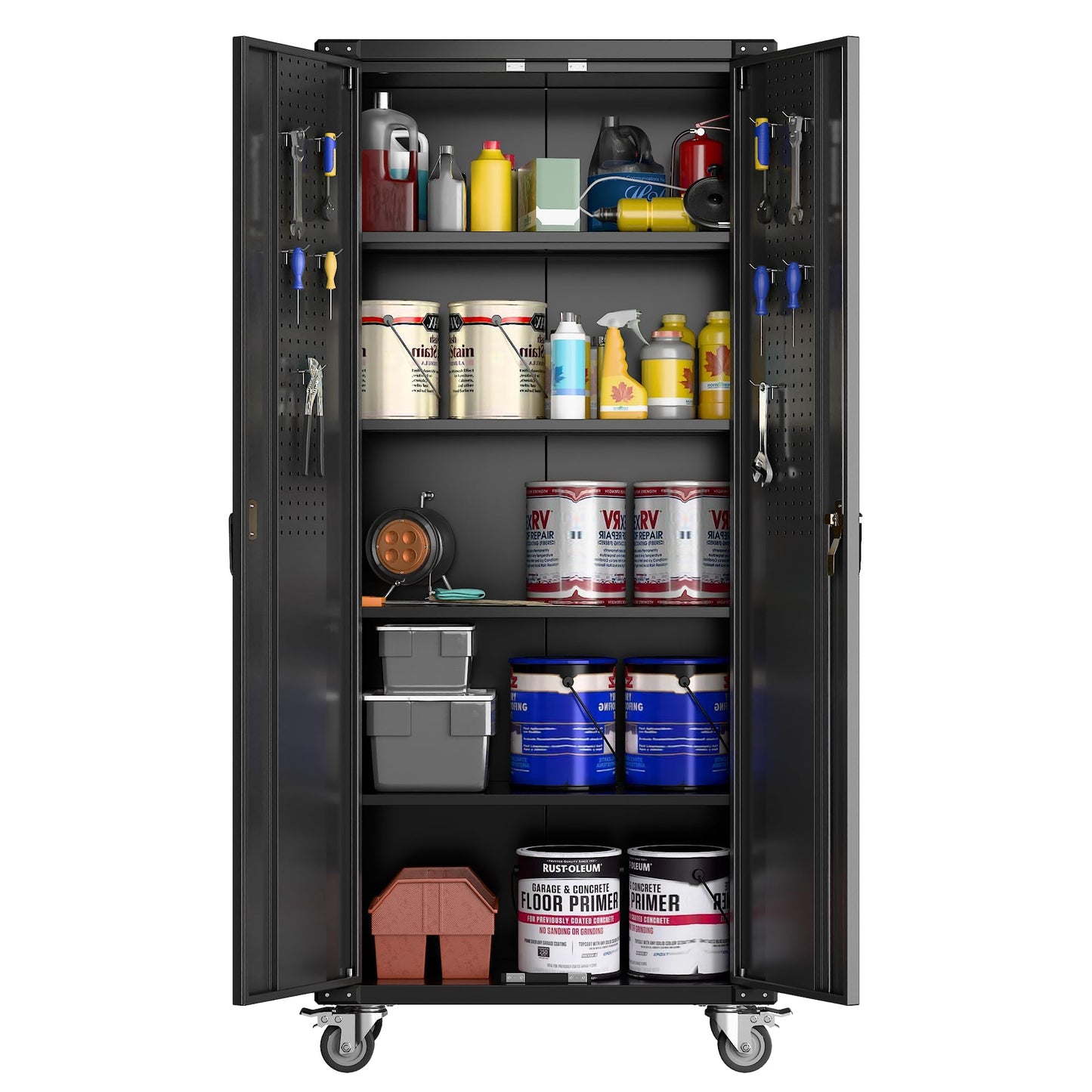 MilleLoom Heavy Duty Rolling Storage Cabinet 72" H – Mobile Locking Metal Cabinet with 4 Adjustable Shelves & Door Pegboard, Ideal for Garage, Workshop, Home Office – Black