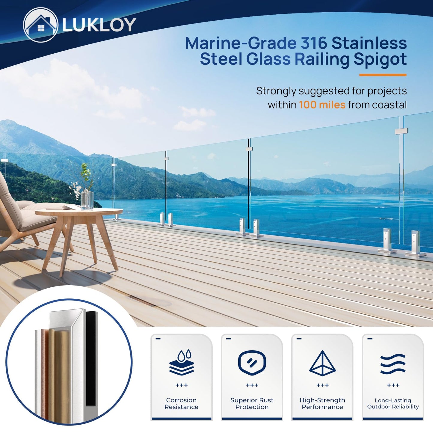 LukLoy 10 Pack T316 Stainless Steel Glass Railing Spigot N.W 2.1lb Heavy Duty Glass Railing Post Clamps for Home Garden Stairs Balustrade Balcony (10 Pack, Each NW 2.1lb, GW 3.0lb) - Level 2