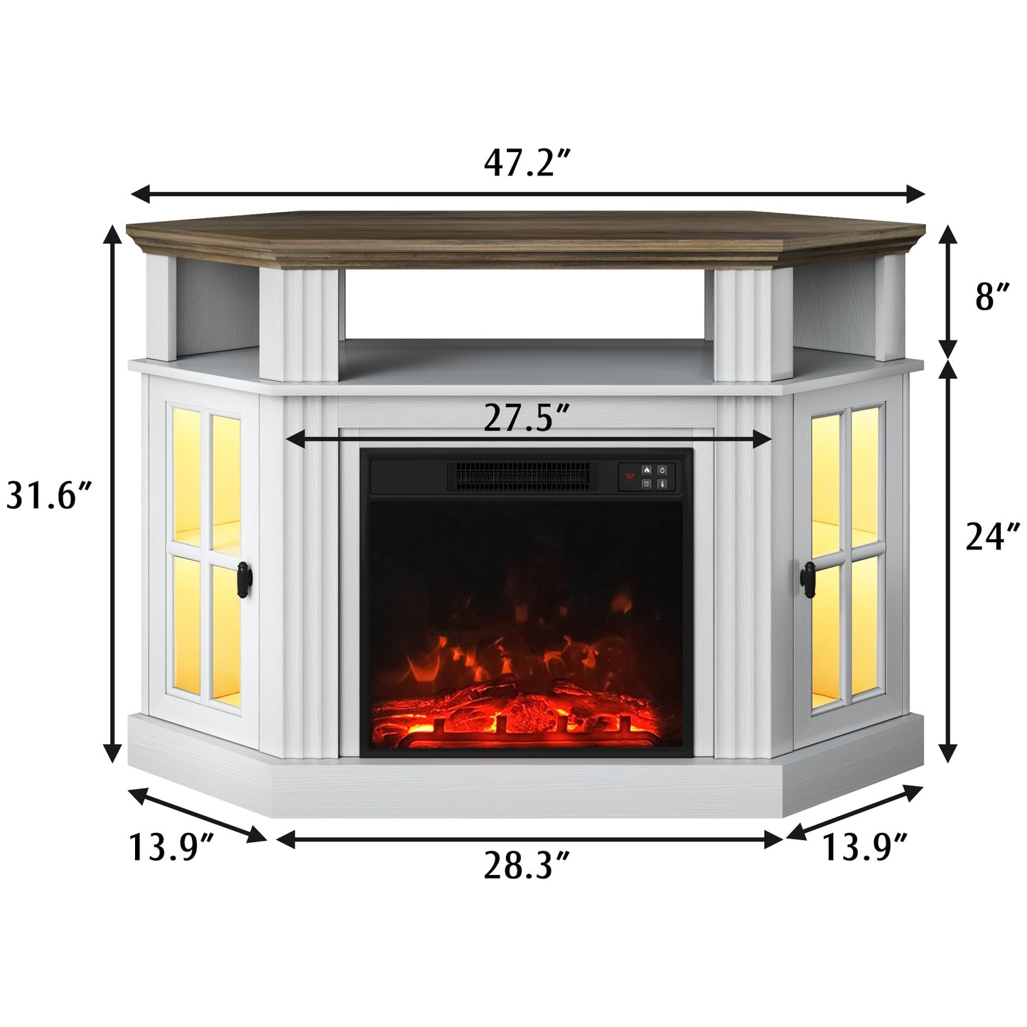 YESHOMY LED Corner Fireplace TV Stand with Mood Lighting, for TVs up to 55" with Storage Cabinets, Entertainment Center, Media Console for Living Room, Bedroom, White