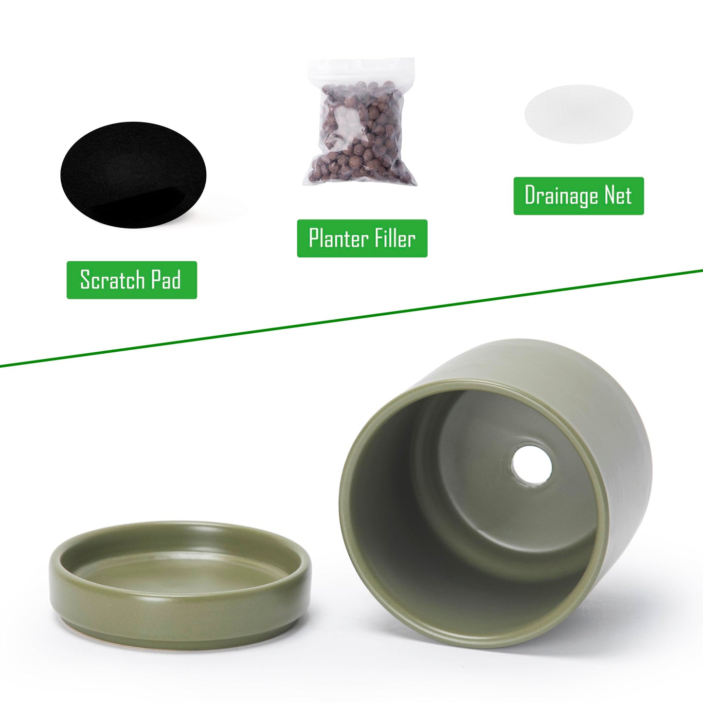 D'vine Dev Set of 4 Small Ceramic Plant Pots, 3.5 Inch Succulent Planter Pot for Plants with Drainage Hole and Saucer, Olive, 94-X-A-0