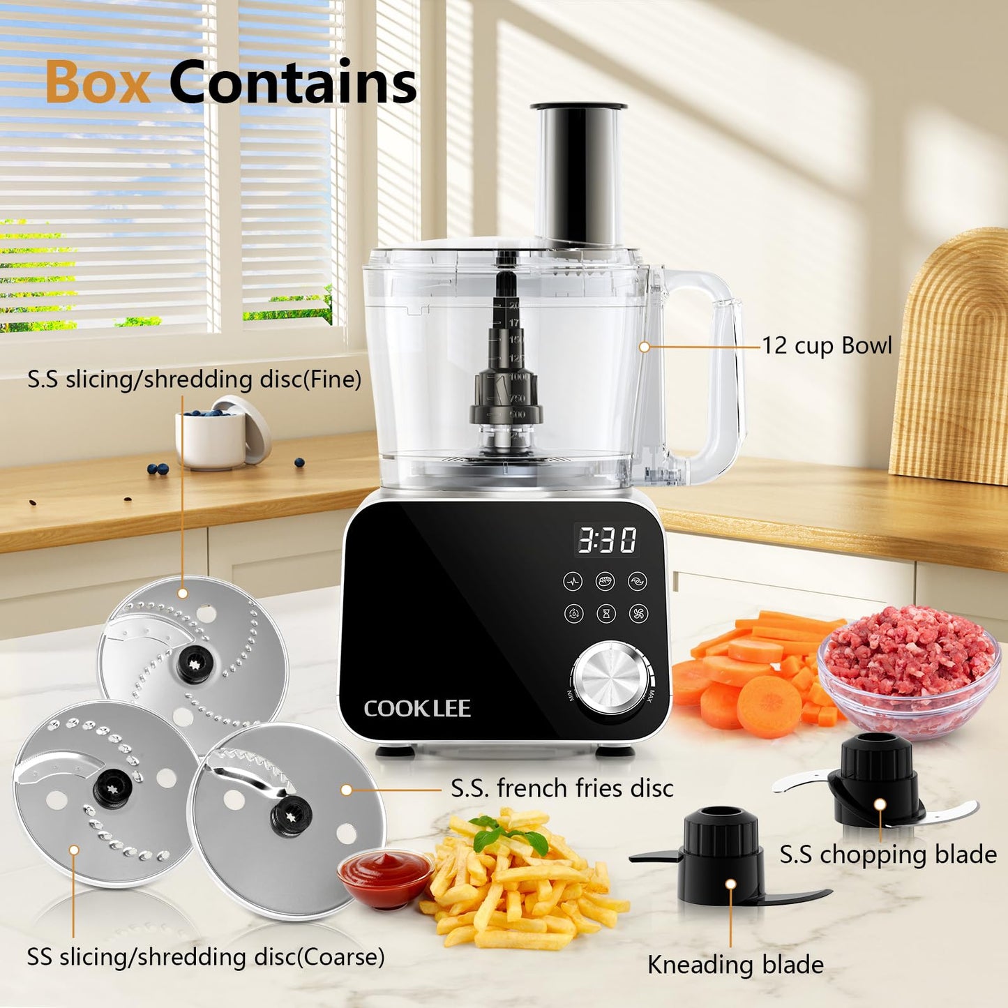 COOKLEE Food Processor, 600 Watts, 6 Functions Electric Food Chopper for Chopping, Mincing, Dicing, Shredding, Slicing, Purees & Dough with 12cup Processor Bowl, Food Chute & Pusher, Silver