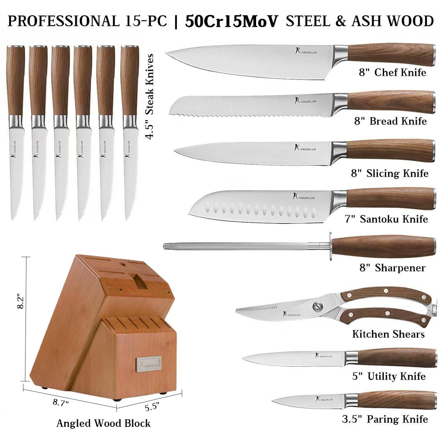 Kangdelun Ultra Sharp 15-Piece Knife Set, 50Cr15MoV High-Carbon Stainless Steel, Torrefied Brown Ash Wood Handles, Angled Golden Brown Wood Block, Easy Hand Wash, Gift Box