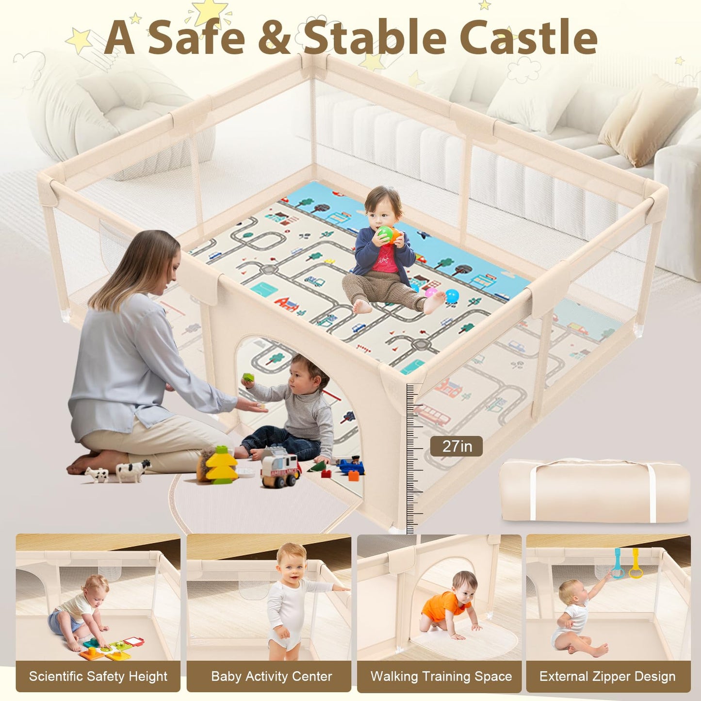 Baby Playpen with Mat 79x71inch - Extra Large Play Pen for Babies and Toddlers Indoor & Outdoor Baby Playard with Soft Breathable Mesh Cover - Sturdy Foam Infant Gate Playpen(Apricot)