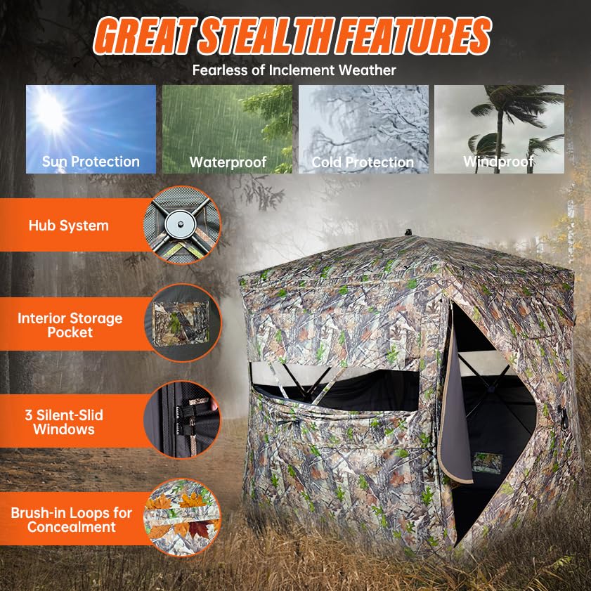 GOTRUTH Hunting Blind 270°See Through Ground Blind with Full Open Door, 3-4 Person Pop Up Deer Blind for Hunting with Carry Bag, Portable Resilient Hunting Tent for Turkey and Deer (Camouflage)