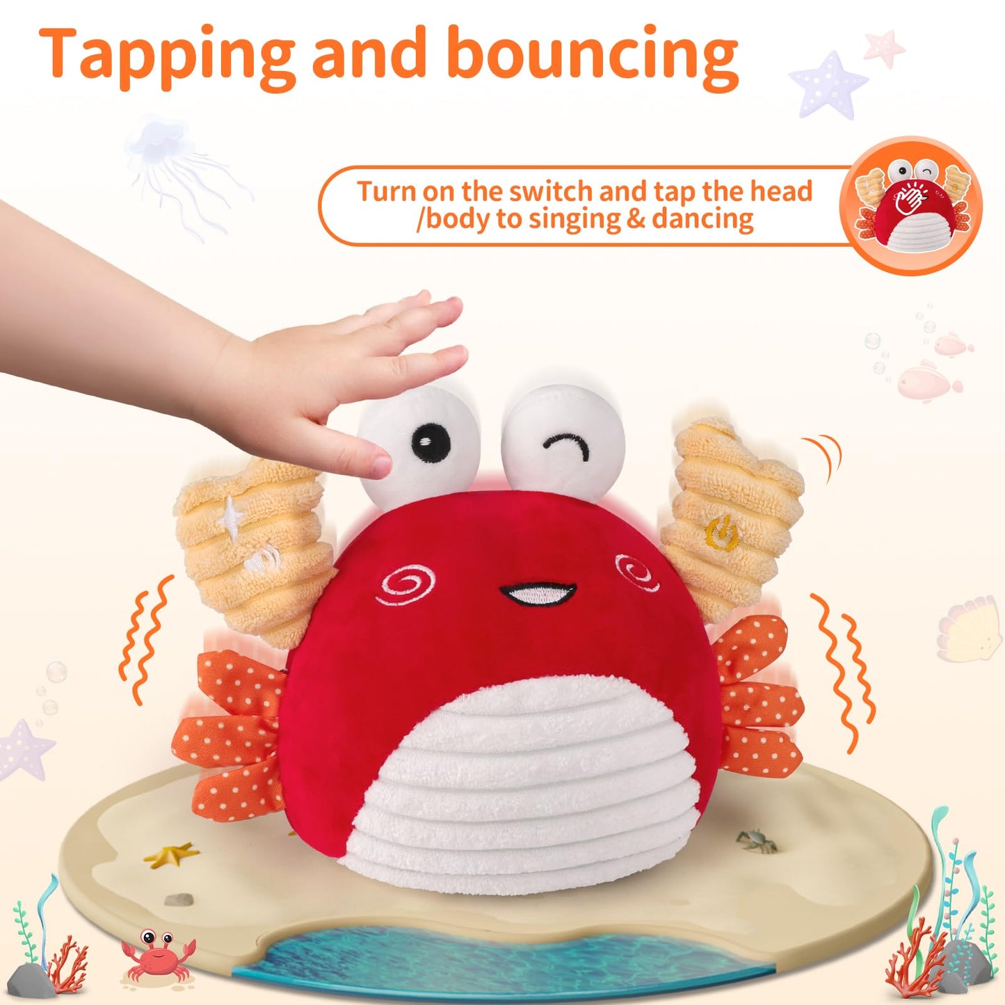 nicknack Baby Toys 0-6 Months – Crawling Dancing Bouncing Musical Learning Plush Crab,Interactive 100+ Songs Toy for 1 2 3 Year Old Boys Girls Sensory Birthday Gifts