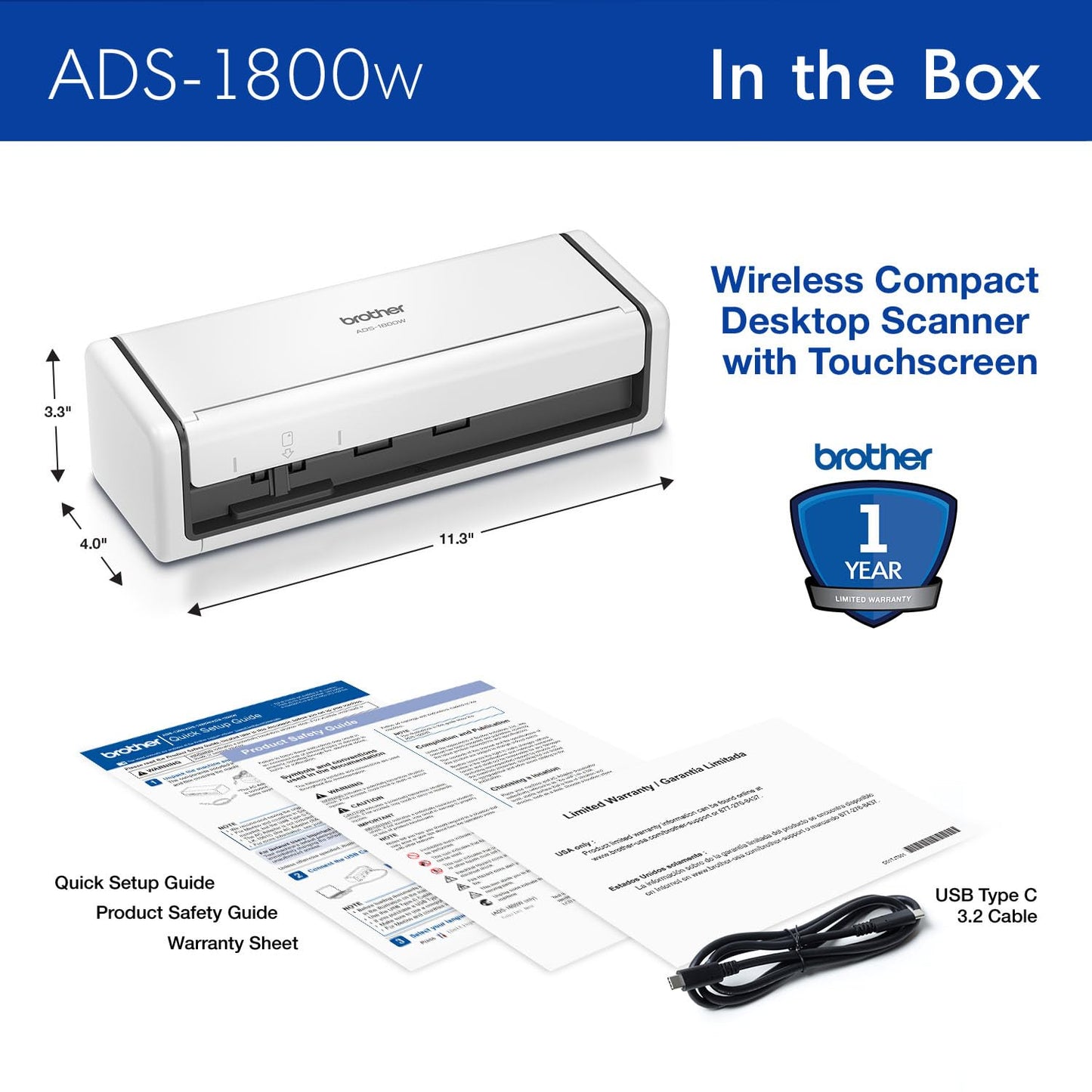 Brother ADS-1800W Wireless Compact Desktop Scanner | Scan Speeds of Up to 30ppm | 2.8" Color Touchscreen