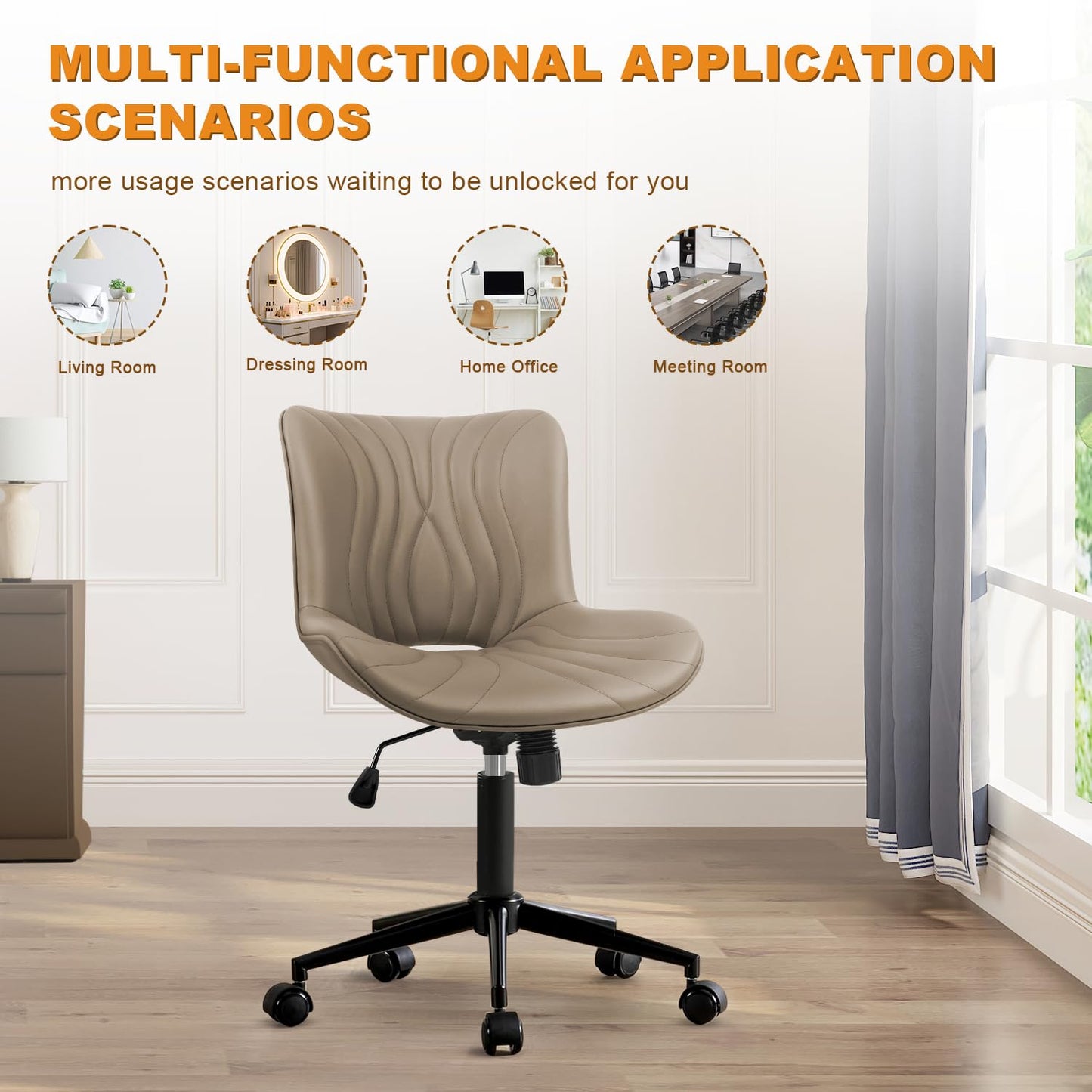 VATROS Office Chair, Armless Desk Chair with Wheels, Ergonomic Comfy Home Office Computer Task Chairs,Faux Leather Padded Cute Vanity Chair, Adjustable Height Swivel Chair with Back, Khaki