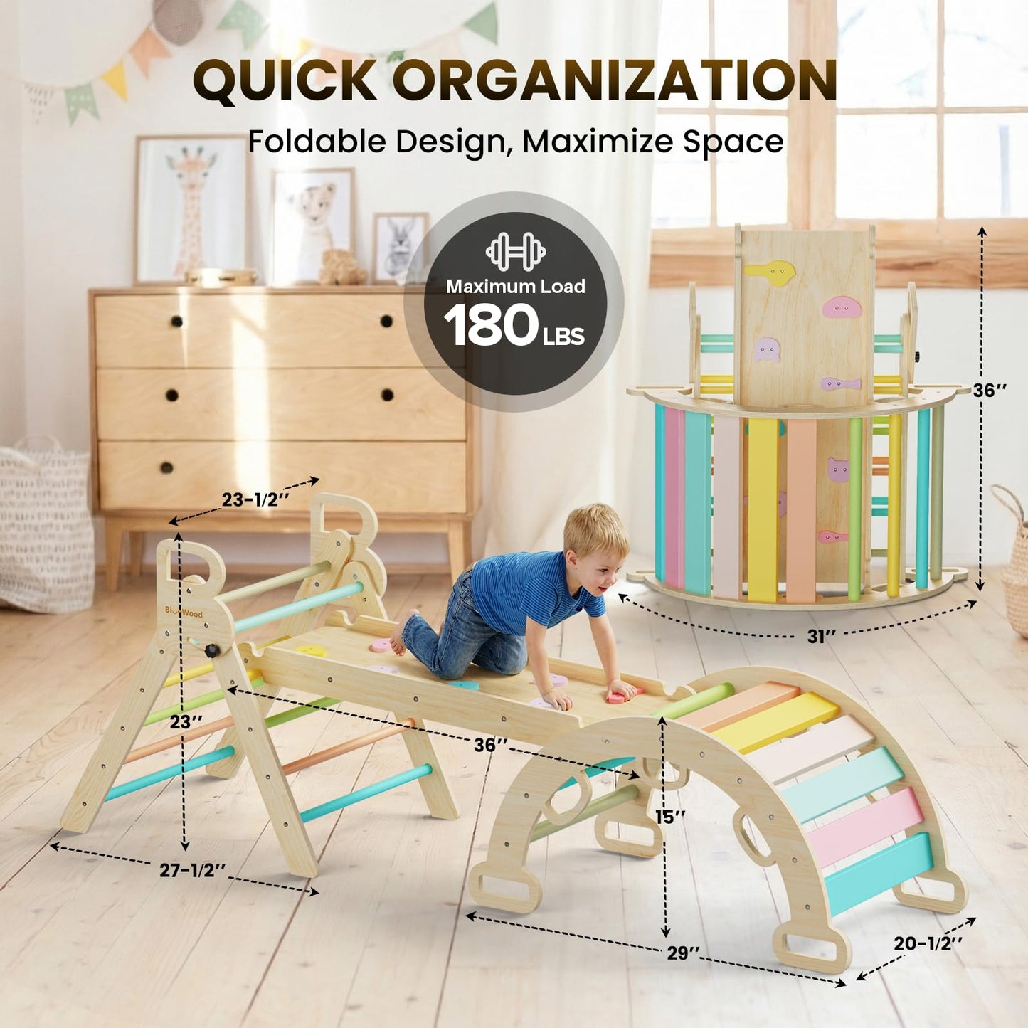 BlueWood Pikler Triangle Set 7in1 Foldable Baby Climbing Toys Wooden Montessori Climbing Set with Arch&Ramp&Ladder Baby Climber Indoor Jungle Gyms for Toddlers Montessori Toys - Rose Garden