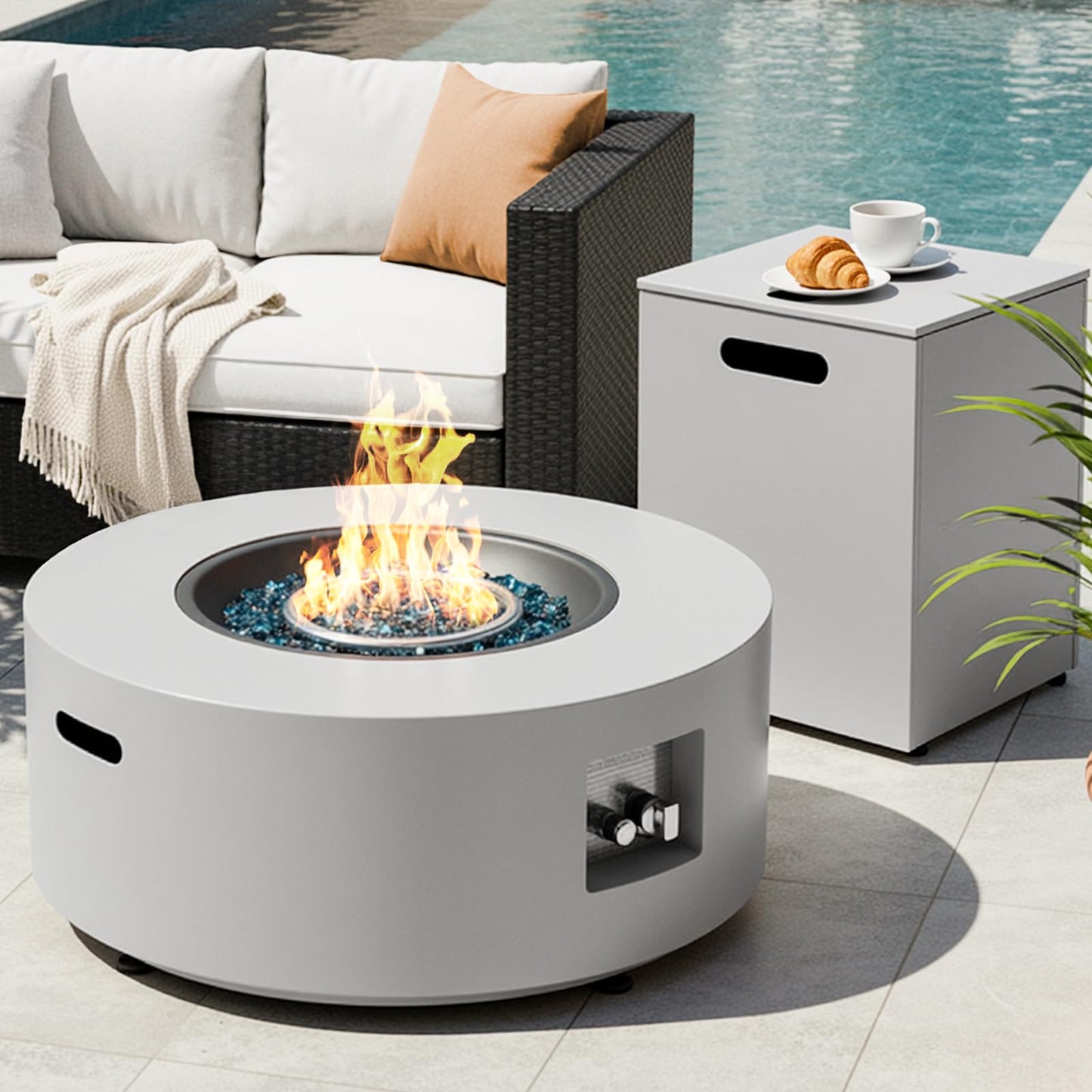 TLGREEN 30in Outdoor Propane Fire Pit Table,2 in 1 Round Gas Fire Pit Table with Tank,50,000 BTU,Rain Cover,304 Stainless Burner,Blue Glass,for Outside,Patio,Deck,Backyard,Garden,Pool,Light Grey